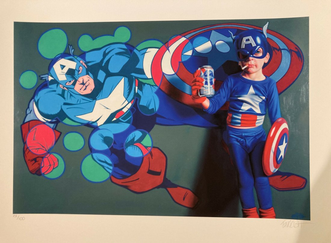 RON ENGLISH Signed & Numbered CAPTAIN KID: Up for auction is a signed and numbered limited edition digital print by renowned artist Ron English. The richly colored work is entitled Captain Kid. The image depicts a 'kid' dressed in Captain Amer