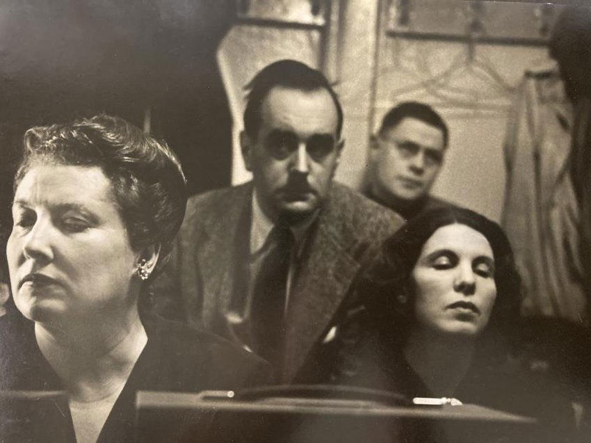 W. EUGENE SMITH Stamped GELATIN SILVER PRINT Time Magazine METROPOLITAN OPERA: ARTIST: W. Eugene Smith (Wichita, Kansas & Tucson, Arizona, 1918 - 1978) TITLE: Listening to a Play-Back at the Met MEDIUM: Gelatin silver print IMAGE SIZE: 9 1/2" x 13 3/8" OVERALL SIZE: 20" x 16"