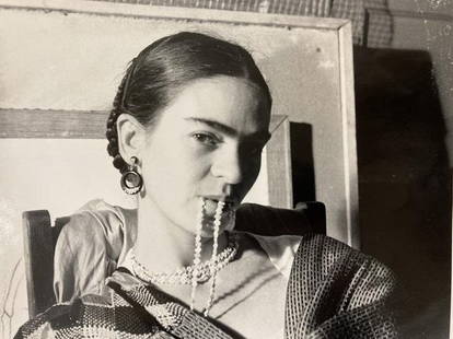 LUCIENNE BLOCH Signed FRIDA KAHLO BITING HER NECKLACE Gelatin Silver Print 1933 NUMBERED 3 OF 25: ARTIST: Lucienne Bloch (Geneva, Switzerland and California, 1909 - 1999) TITLE: Frida Biting Her Necklace, 1933 MEDIUM: Gelatin silver print, later printing IMAGE SIZE: 9 1/4" x 12 1/4" OVERALL SIZE: