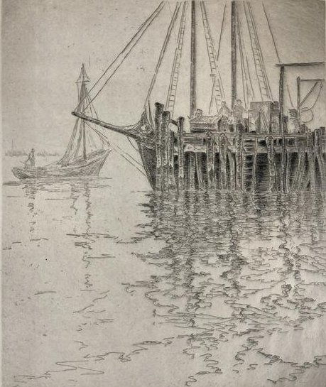 ERNEST ALBERT MELCHERT Signed GLOUCESTER Etching LIMITED EDITION: ARTIST: Ernest Albert Melchert (Chicago, Illinois, Hollywood, Florida, 1890-1972) TITLE: Glouster, England MEDIUM: Etching and drypoint OVERALL SIZE: Unframed, matt size, 20" x 16", image size, 9 1/4"
