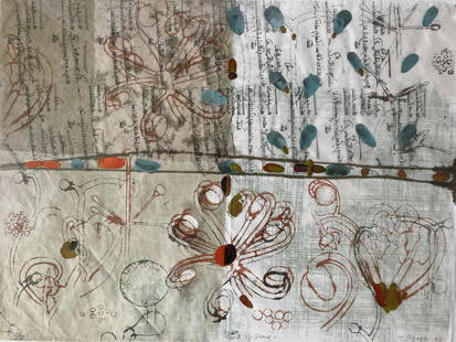 JUDY PFAFF Signed COST OF SEED Encaustic Enhanced Lithograph HPM Hand-Applied Dye NUMBERED 7 OF 20: ARTIST: Judy Pfaff (London, England, Yale University, Tivoli, New York, b. 1946) TITLE: Cost of Seed MEDIUM: Lithograph with encaustic applications and hand-applied dye on Crown Kozo paper SIZE: