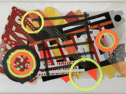 JUDY PFAFF (b. 1946) Signed ORIGINAL Geometric COLLAGE Designs: ARTIST: Judy Pfaff (London, England, Yale University, Tivoli, New York, b. 1946) TITLE: Designs MEDIUM: Mixed Media adhesive plastics on mylar adhered to paper SIZE: Collage, 14 1/2" x 24 1/2",