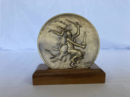 ALLAN CAPRON HOUSER Bronze Metal Sculpture APACHE FIRE DANCER Medallic Art LIMITED EDITION: ARTIST: Allan Capron Haozous Houser (Chiricahua Apache, Fort Sill, Oklahoma, Santa Fe, New Mexico, 1914-1994) TITLE: Apache Fire Dancer, Apache Buffalo Hunt SIZE: Medallion circumference, 3" MEDIUM: