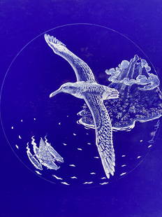 JAMIE WYETH (b. 1946) Signed PASTEL & INK Seven Seas FRANKLIN MINT ILLUSTRATION: ARTIST: Jamie Wyeth (Wilmington, Delaware, Chadds Ford, Pennsylvania, b. 1946) TITLE: Seven Seas, 1978 SIZE: Board: 10" diameter MEDIUM: Pastel and ink on board DESCRIPTION: Up for auction is an