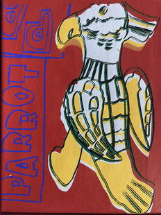 ANDY WARHOL (1928-1987) PARROT (Toy Series) ACRYLIC & SILKSCREEN INK On Canvas: ARTIST: Andy Warhol (Pittsburgh, Pennsylvania, New York City, 1928-1987) TITLE: Parrot (Red), from the Toy Painting series, 1983 SIZE: Canvas: 14 1/8" x 11", Wood Frame: 15 1/4" x 12 3/8" MEDIUM: