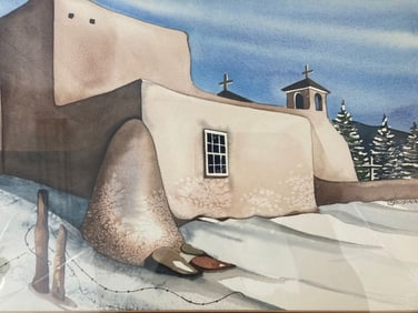COLEEN BOBINAC Signed WATERCOLOR Wintertime at St. Francis of Assisi 1986