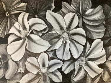 LOWELL NESBITT Signed DOGWOODS and PERIWINKLES 1980 Original Charcoal on Board