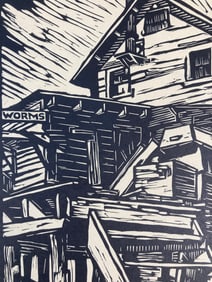 E.M. WASHINGTON Pencil Signed WOODBLOCK PRINT Bait House "1938"