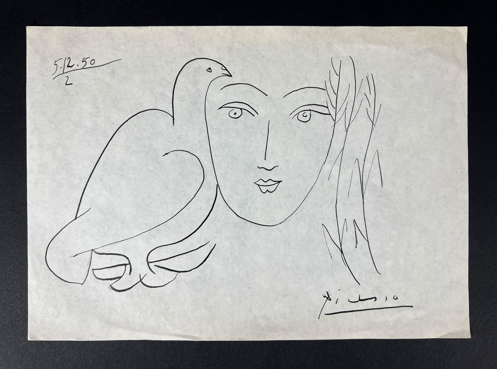 Pablo Picasso (Spanish, 1881-1973) Ink on Paper: This lot consists of an unframed ink drawing on paper, rendered in the abstract style of modern artist Pablo Picasso (Spanish, 1881-1973). A hand-painted inscription at bottom right reads, "Picasso".