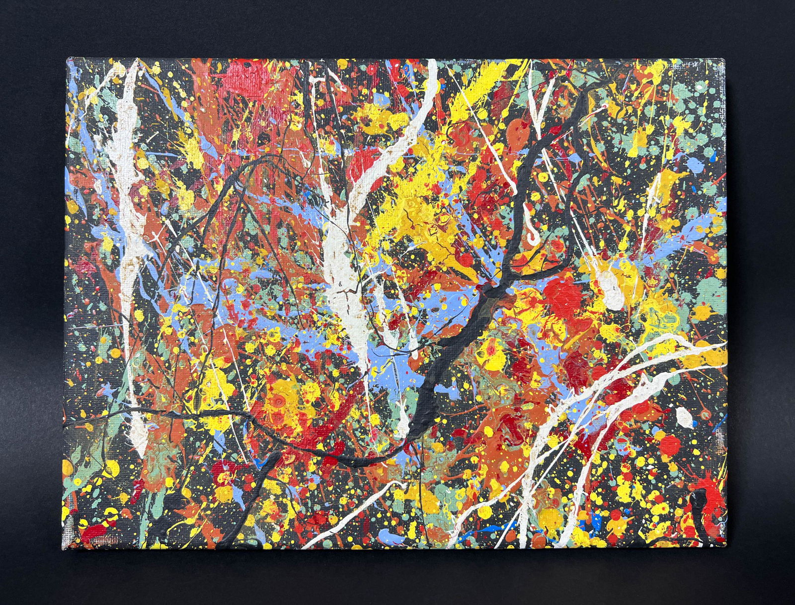 Jackson Pollock (American, 1912-1956) -- Acrylic on Canvas: This lot consists of an unframed acrylic painting on canvas, rendered in the abstract expressionist style of modern artist Jackson Pollock (American, 1912-1956). Jackson Pollock (American, 1912-1956)