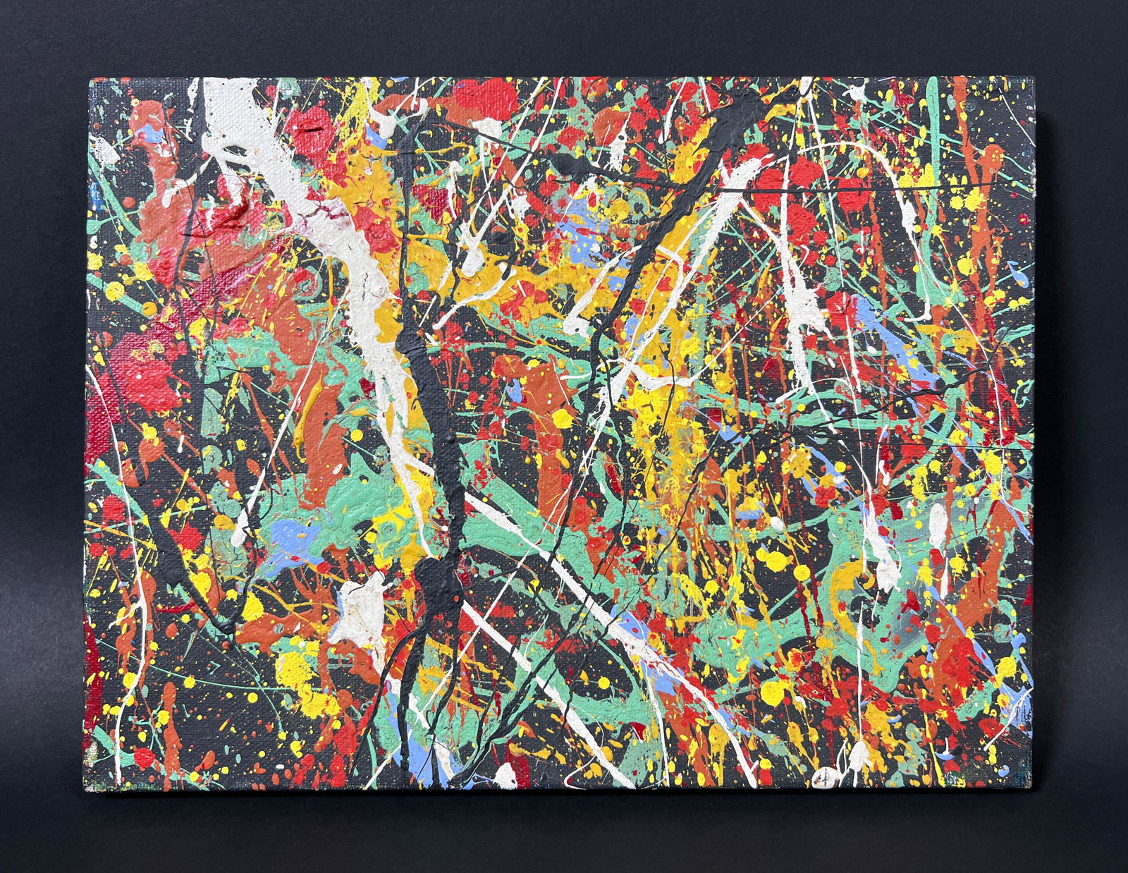 Jackson Pollock (American, 1912-1956) -- Acrylic on Canvas: This lot consists of an unframed acrylic painting on canvas, rendered in the abstract expressionist style of modern artist Jackson Pollock (American, 1912-1956). Jackson Pollock (American, 1912-1956)