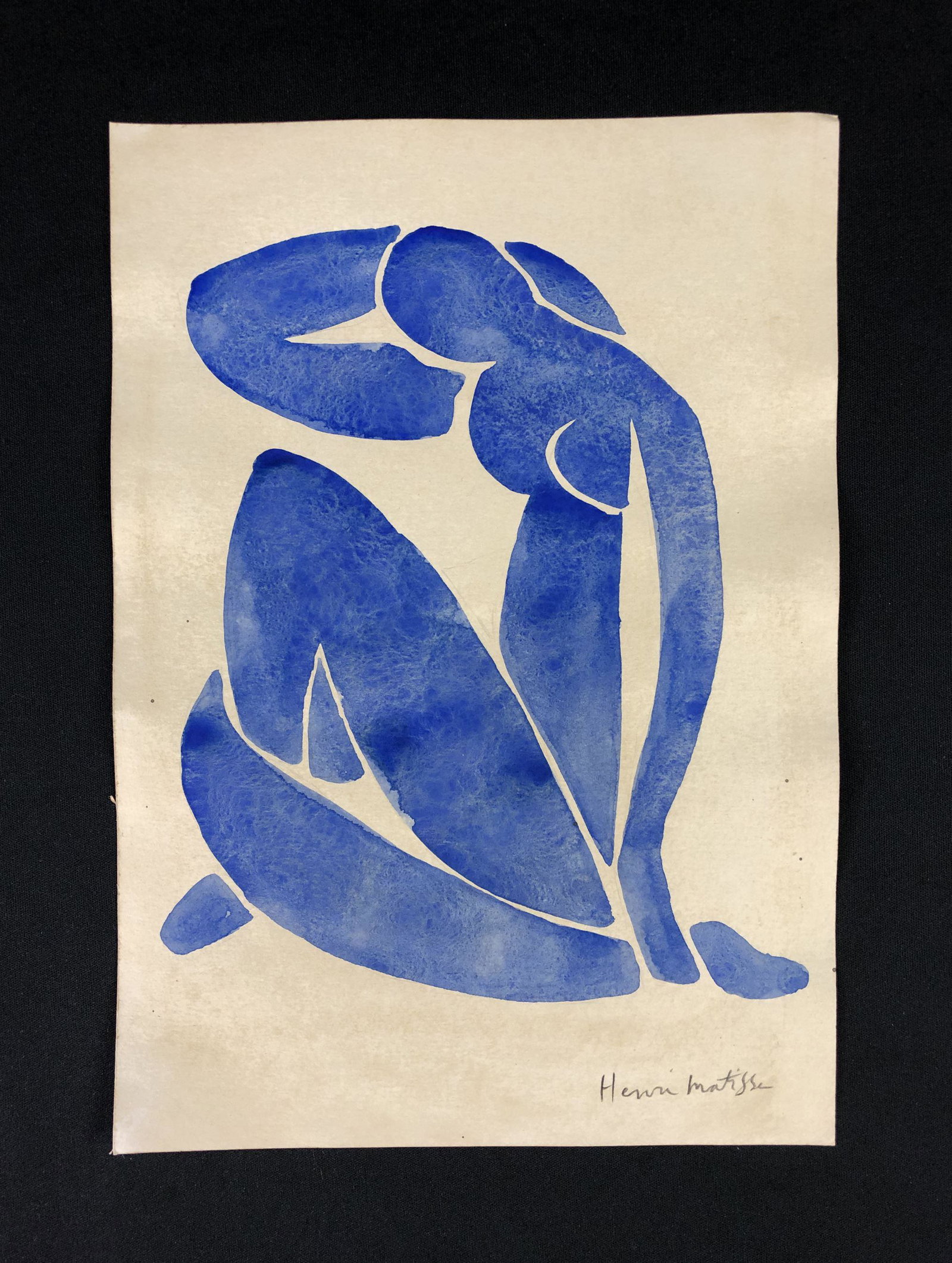 Henri Matisse (French, 1869-1954) - Watercolor on Paper: This lot consists of a vibrant hand-painted watercolor on cardstock, The image depicts a seated nude female figure painted all in blue. Done in the Fauvist style of Henri Matisse (French, 1869-1954). 