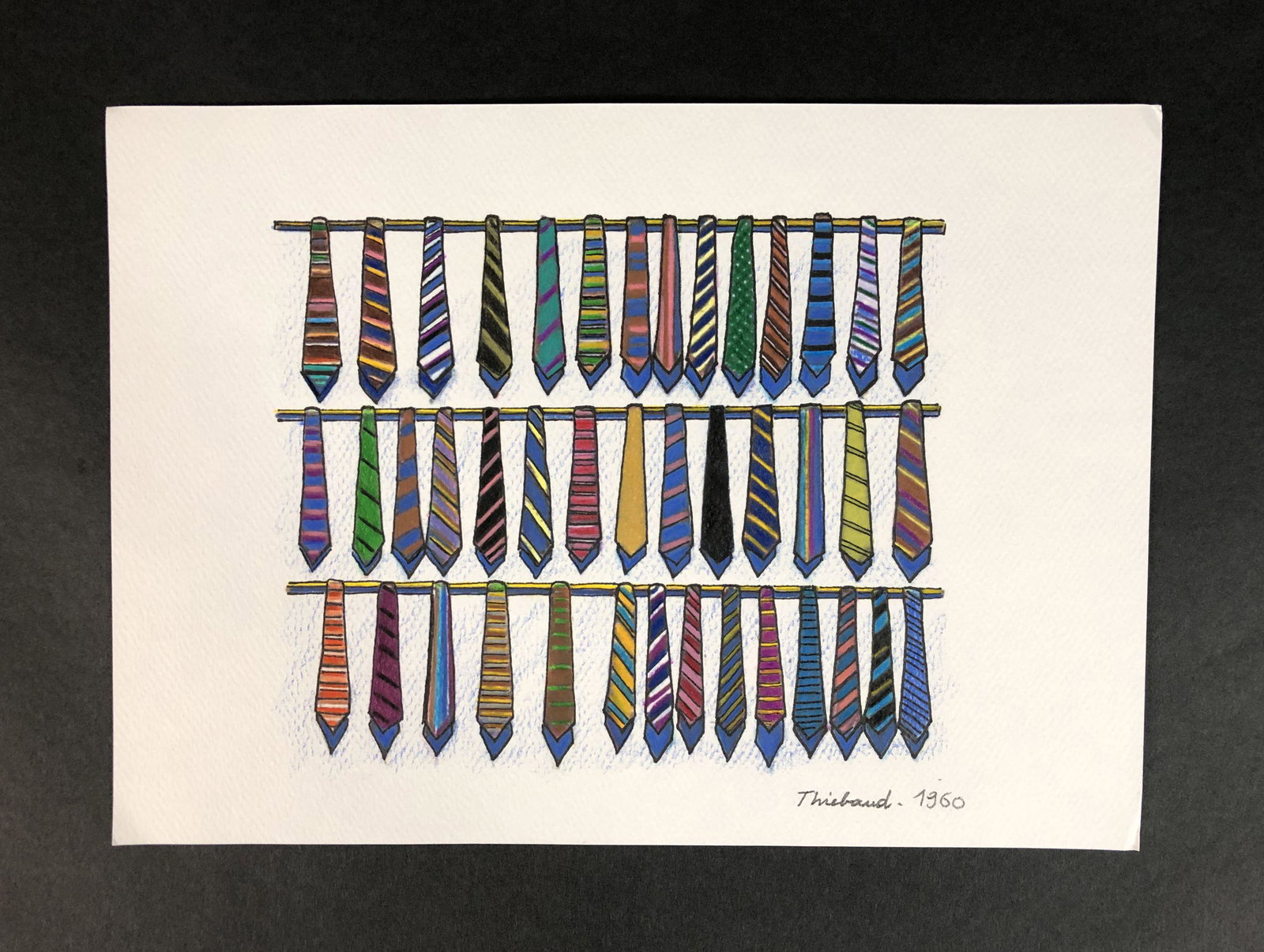 New Realism Modern Art Drawing -- Mixed Media: This lot consists of an ink and pencil illustration on paper, done in the New Realism style. Image depicts three neat rows of technicolor ties. A handwritten inscription at lower right. Unframed dimen