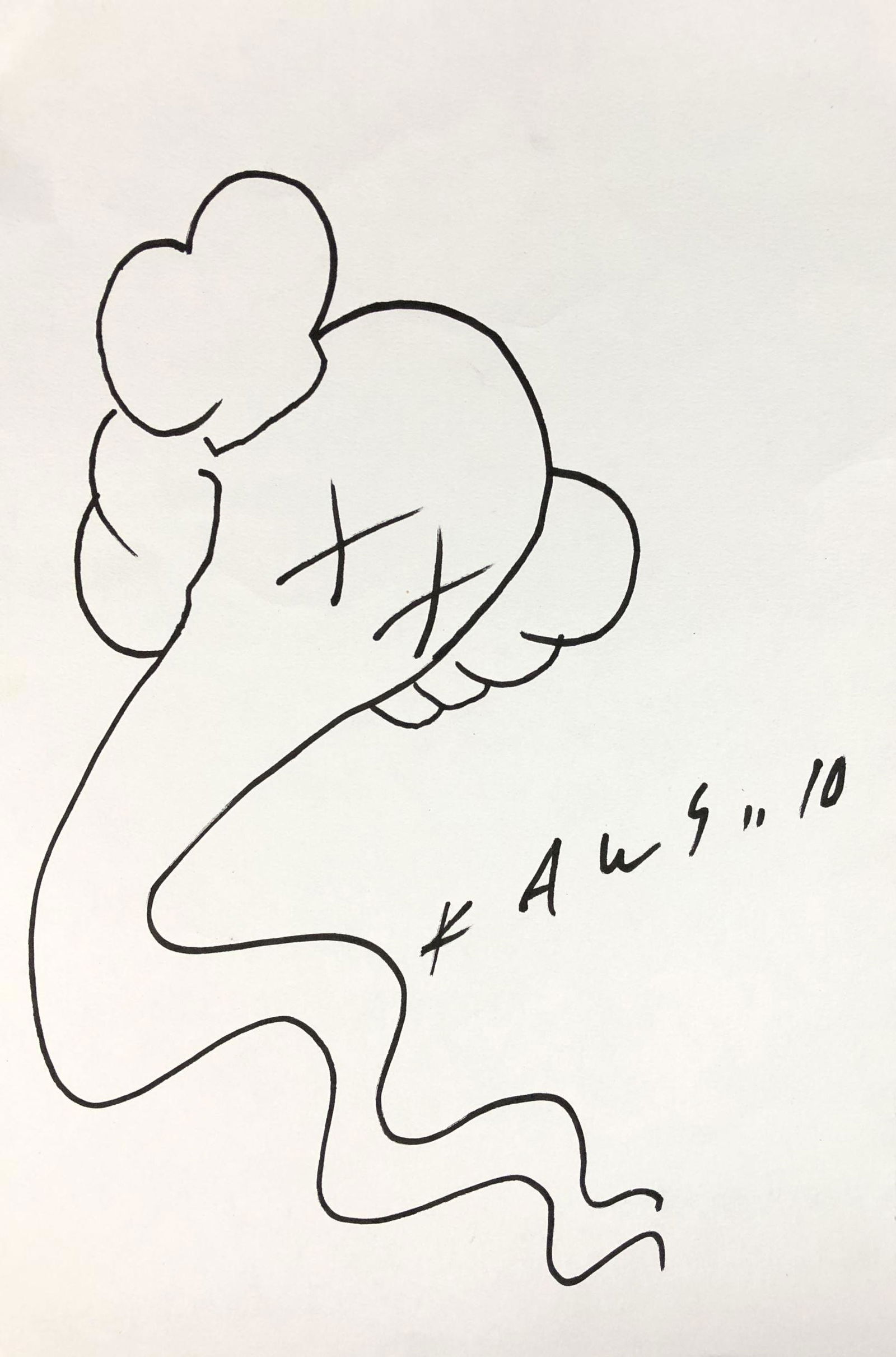 Brian "Kaws" Donnelly (American, 1974 - ) Ink on Paper: This lot consists of an ink illustration on paper, done in the cartoonish, Pop Art style of Brian "Kaws" Donnelly (American, 1974 - ). Image depicts a cartoon elephant with a long, swooping trunk and