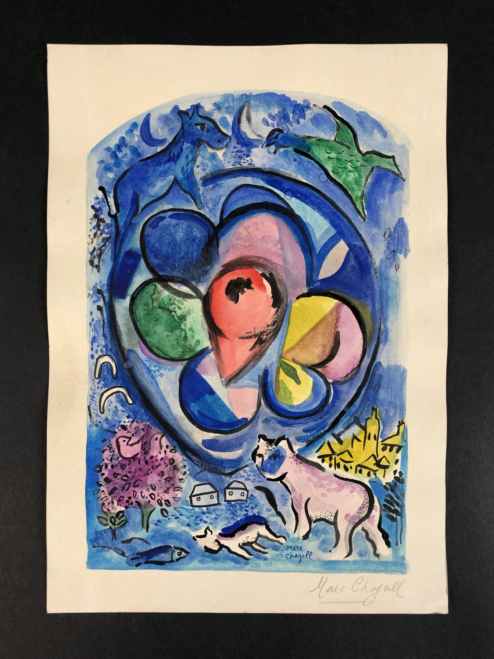 Marc Chagall (French, 1887-1985) Watercolor on Paper: This lot consists of an unframed watercolor illustration on paper, done in the modern art style of painter Marc Chagall (French, 1887-1985). "Marc Chagall" is handwritten at lower left corner of compo