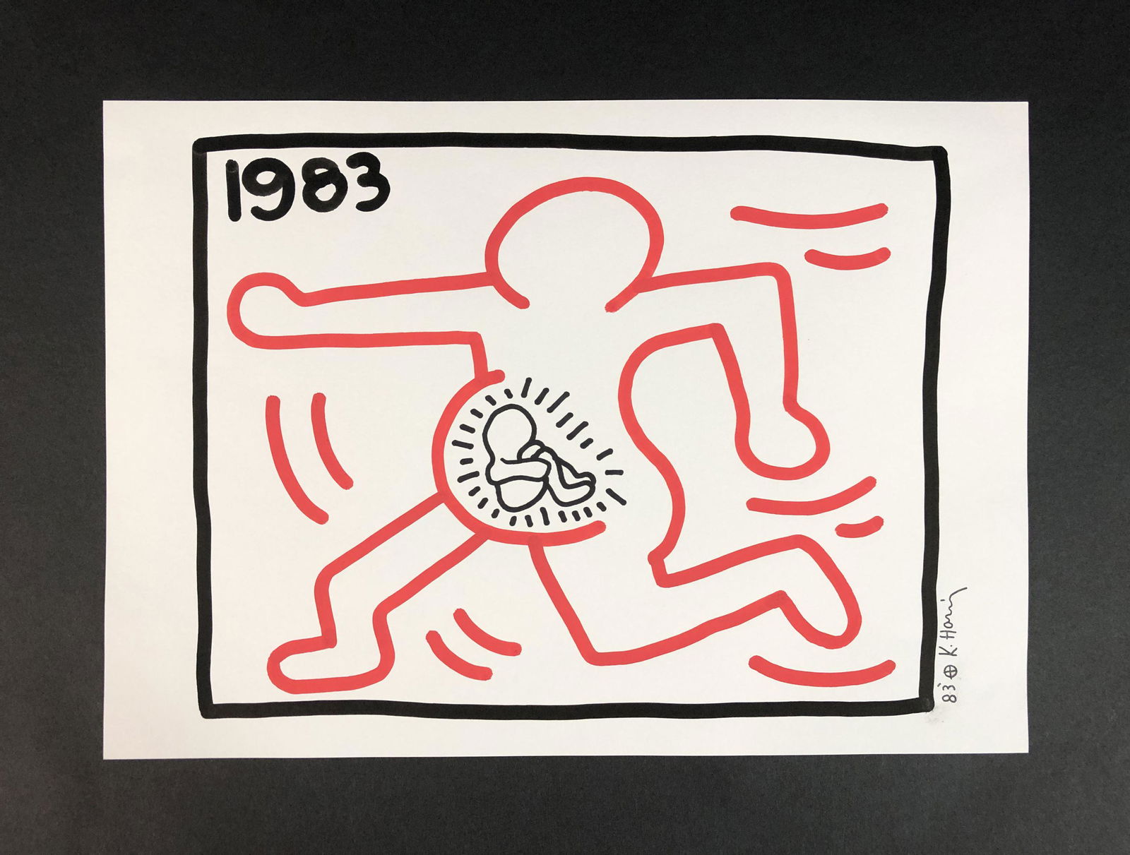 Keith Haring (American, 1958-1990) Marker on Paper: This lot consists of an unframed marker illustration on paper. This simple yet powerful depiction is executed in the contemporary, street art style of pop artist Keith Haring (American, 1958-1990). Ha