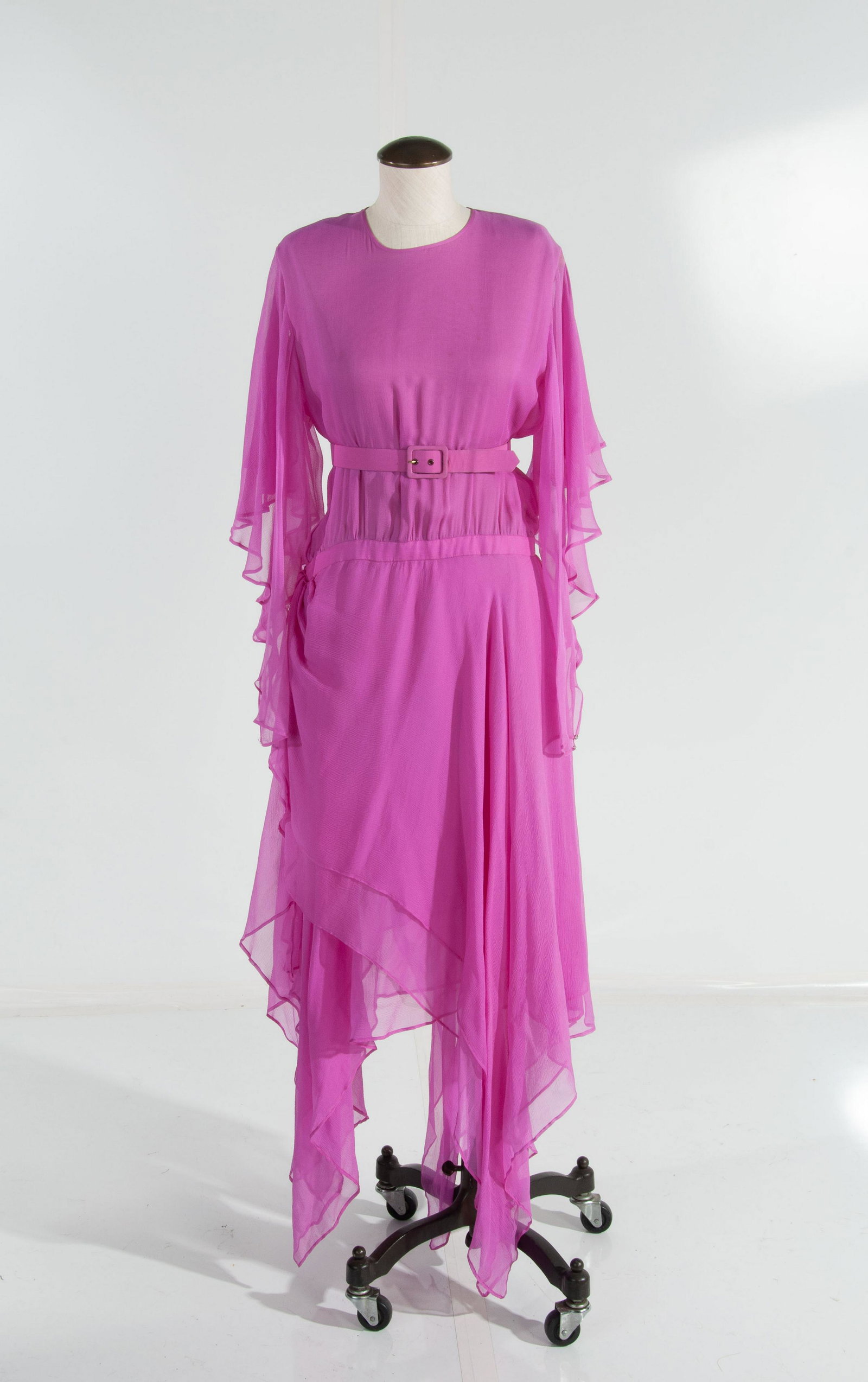 Jacqueline DeRibes Georgette Gown w/Belt Fuchsia: Size 10, Front Collar to Bottom Hem 36", Collar to Cuff 20", Shoulder to Cuff 14", Shoulder to Shoulder 16", Pit to Pit 19", Pit to Cuff 18", Waist 31", Back to Bottom Hem 58", Pit to side 36", Belt 3
