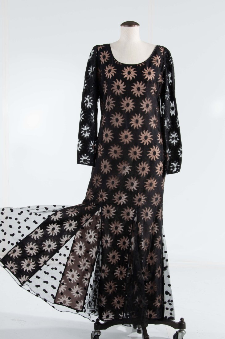 Galanos Floral/Polka Dot Lace Gown Blk/Bge: Front Chest to Bottom 48", Shoulder to Shoulder 16.5", Collar to Cuff 25.5", Shoulder to Cuff 23.5", Chest 17.5", Pit to Pit 20", Pit to Cuff 16", Pit to Side Bottom 45", Back to Bottom 51",