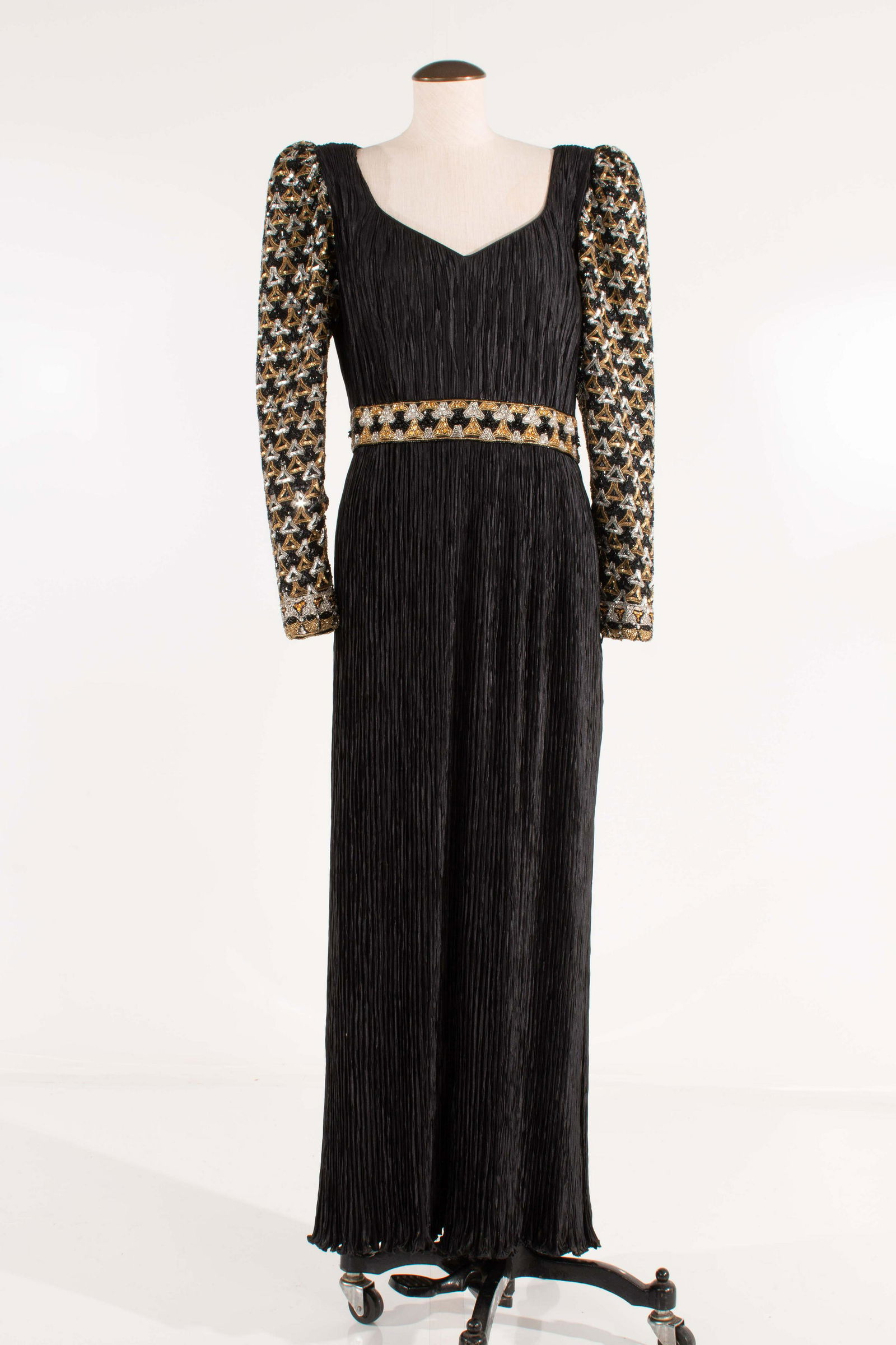 Mary McFadden Sequin Beaded Pleated Gown Black/Gold/Silver (1 of 11)