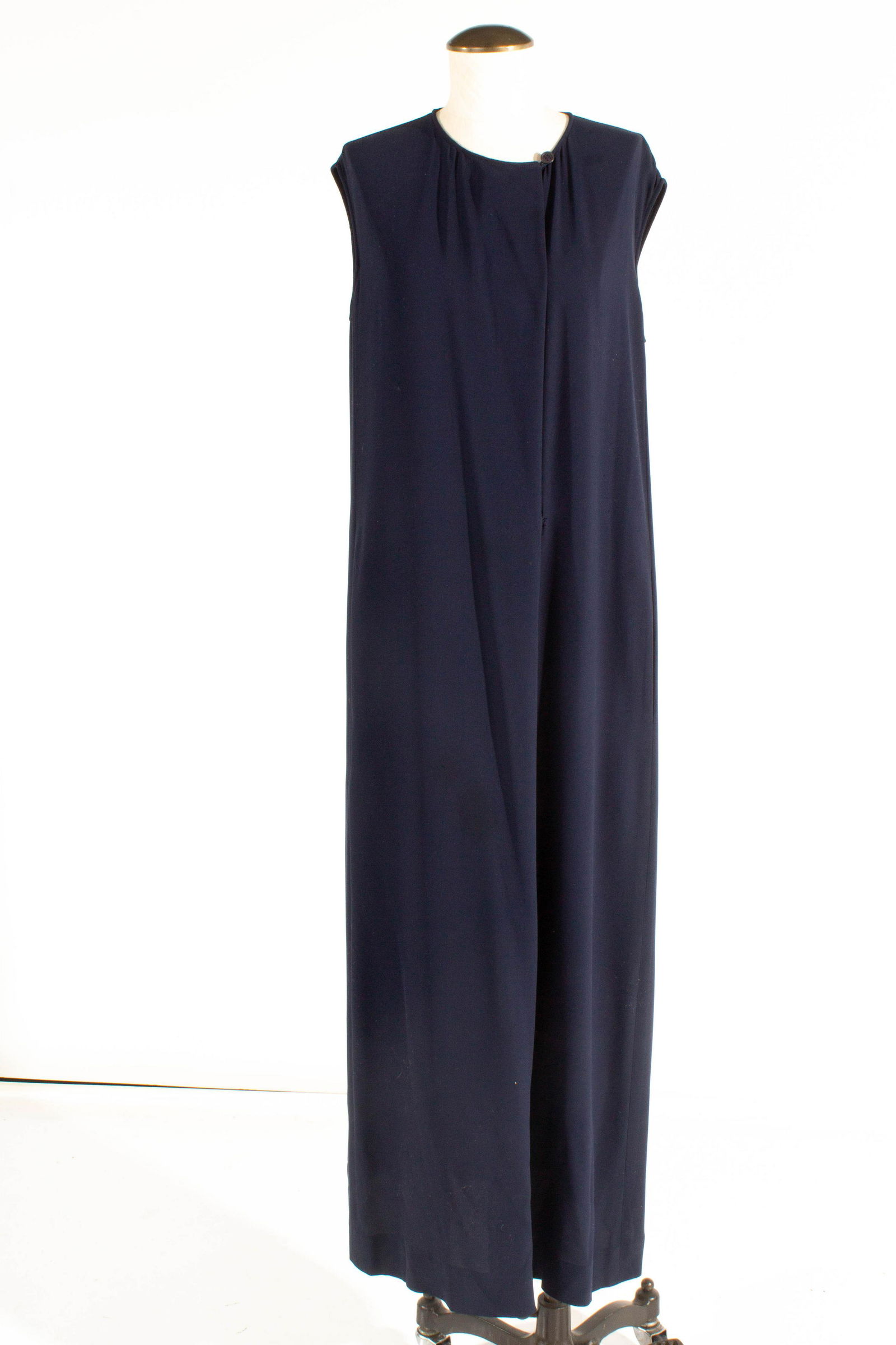 Hermes Wool Crepe Sleeveless Drape Dress Navy: Hermes Wool Crepe Sleeveless Drape Dress Navy, 100% Silk, Size 42, Front Collar to Bottom: 50", Back Collar to Bottom: 51.5", Collar to Shoulder: 6", Pit to Pit: 22",Chest: 42", Pit: 8"x7", Has Pocket