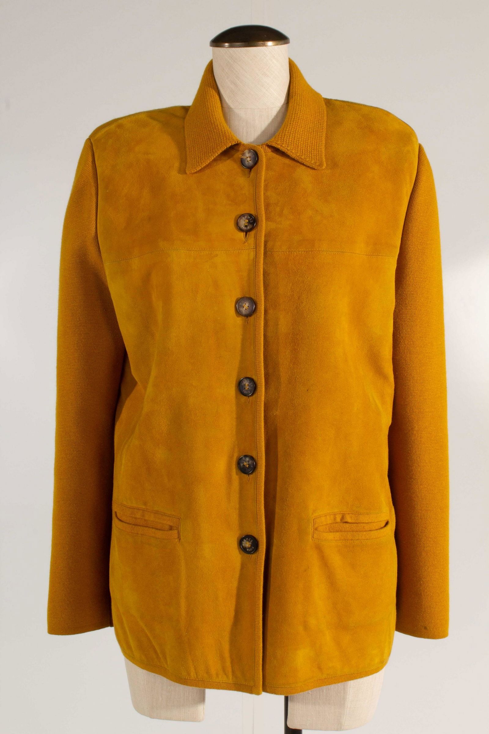 Hermes Mustard Suede Front With Silk/ Kashmir Knit Car Coat: Hermes Mustard Suede Front With Silk/ Cashmere Knit Car Coat, Logo Buttons, Font Collar to Bottom: 24", Back Collar to Bottom: 27", Collar to Shoulder: 8", Collar to Cuff: 32", Pit to Bottom: 16", Che