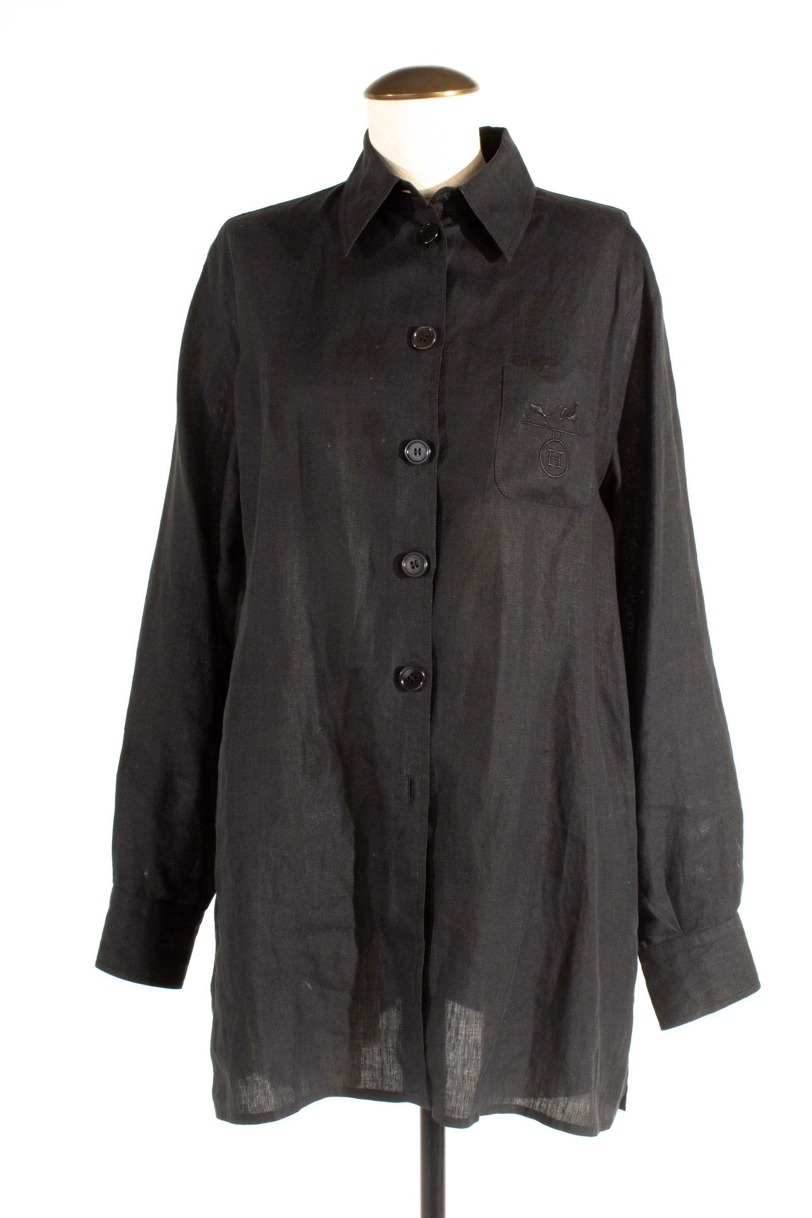 Hermes Black Linen Blouse With Embroidered Logo Chest Pocket (1 of 9)