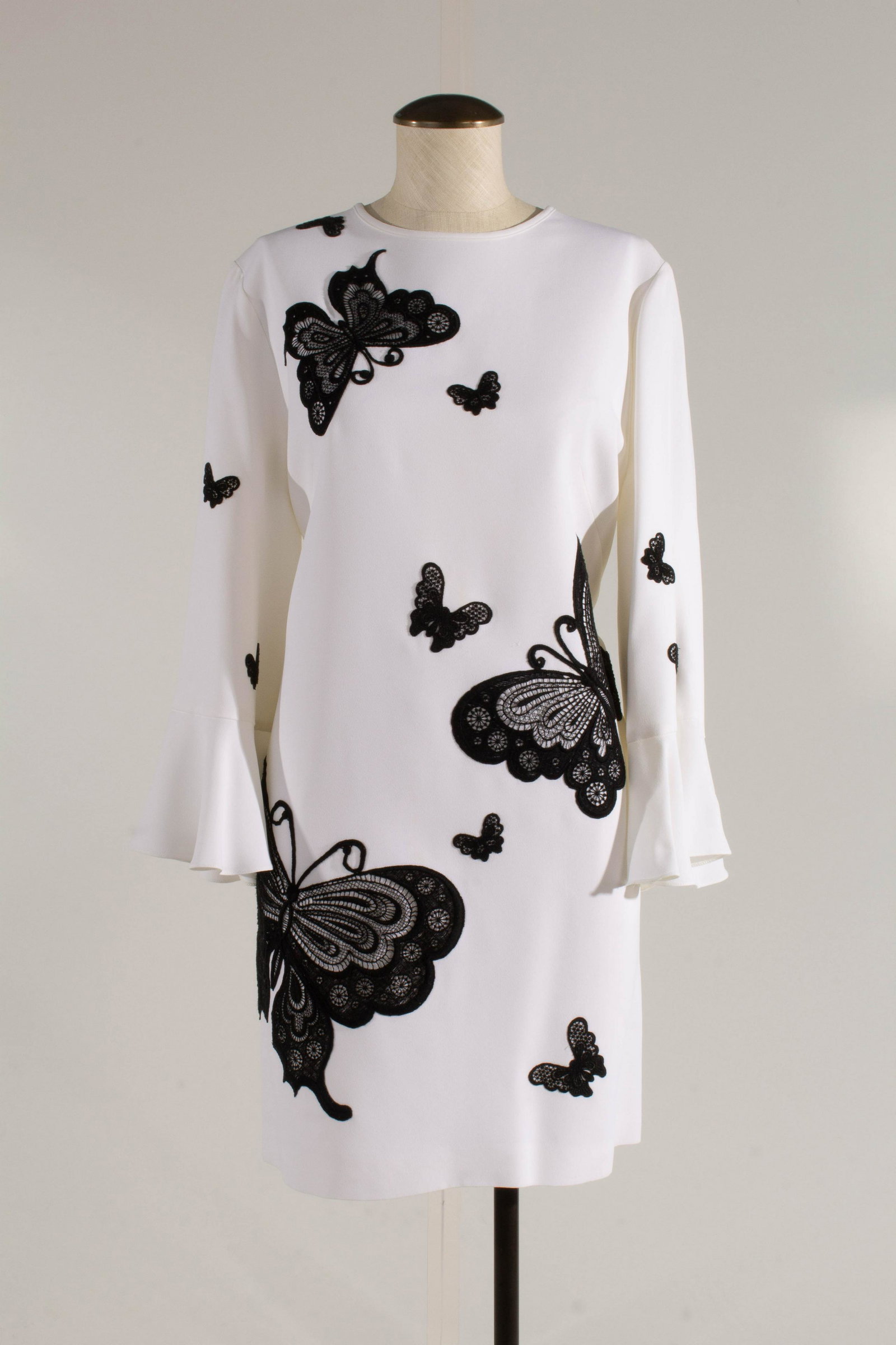 Andrew GN Jersey Dress Size 42 Black Butterfly's White: Andrew GN Jersey Dress Black Butterfly's White SIZE 42 Front collar to bottom 32" ; back collar to bottom 34" ; collar to cuff 25" ; shoulder tto cuuf 21" ; shoulder to shoulder 16" ; chest 17" ; pit 
