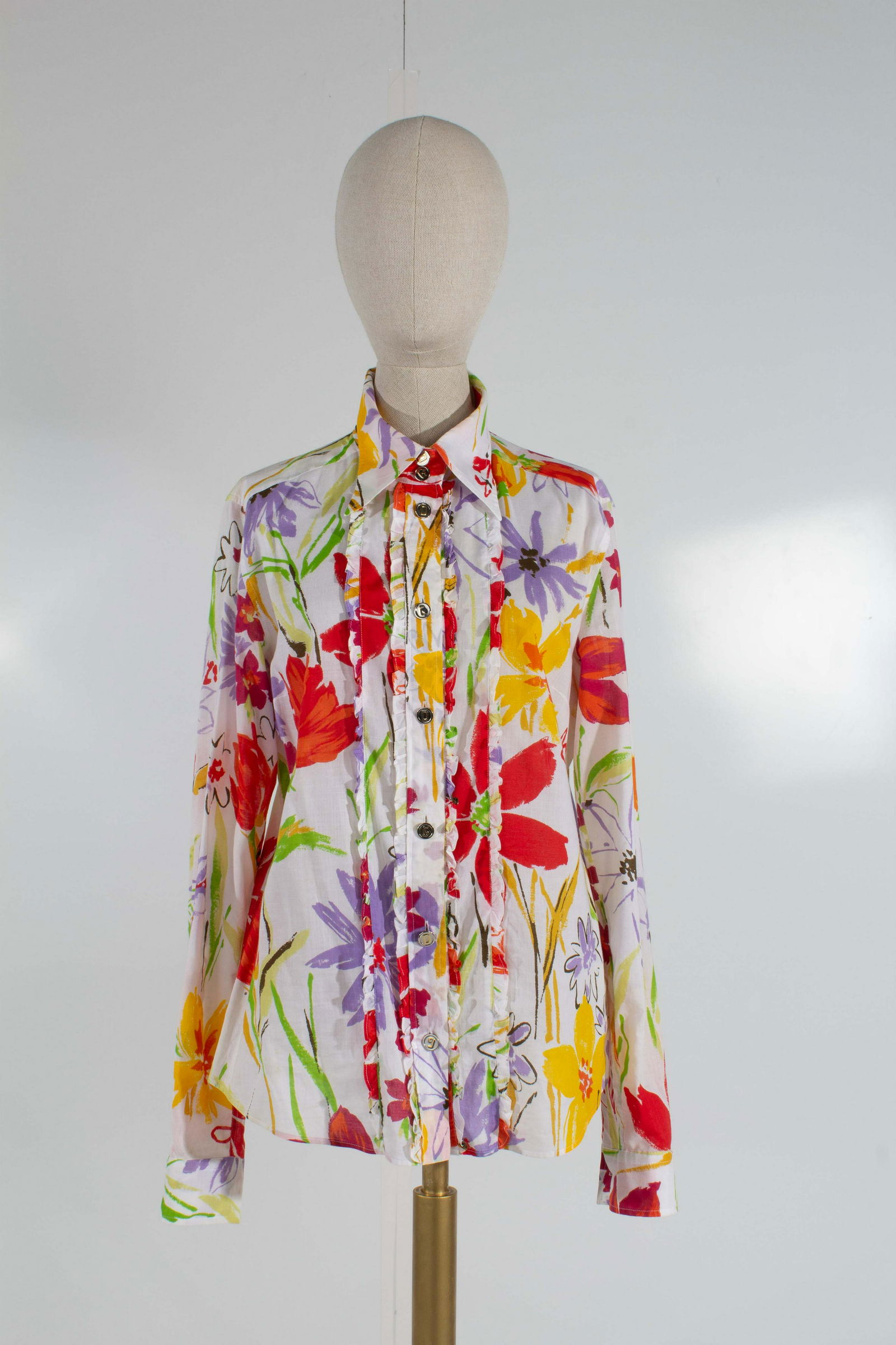 Dolce & Gabbana Ruffle Cotton Blouse Floral, Metal Buttons w/DG Lettering, Size 48 (1 of 12)
