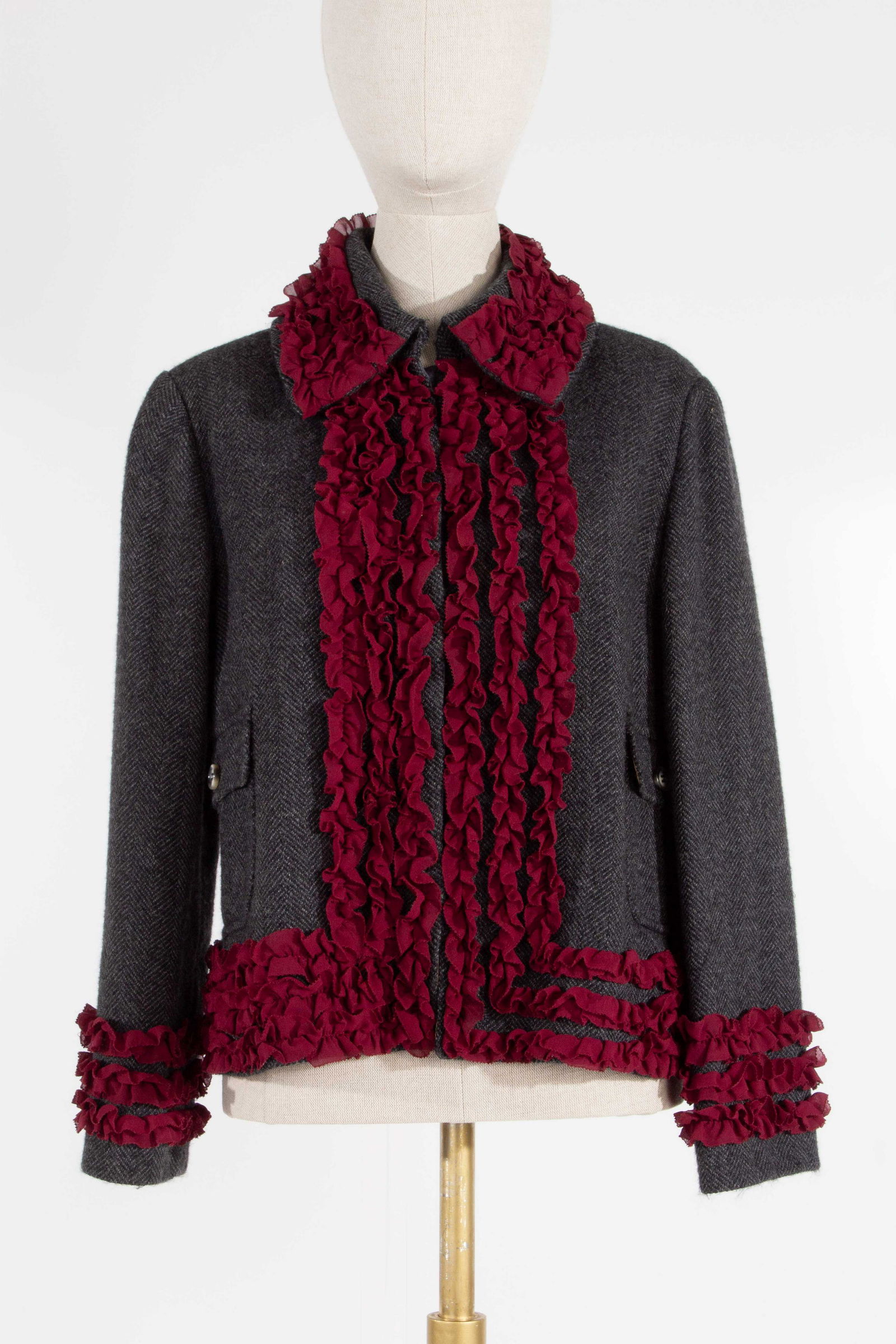 Dolce & Gabbana Wool Herringbone Jacket Size 46 Ruffle Trim Grey w/Leopard Lining (1 of 15)