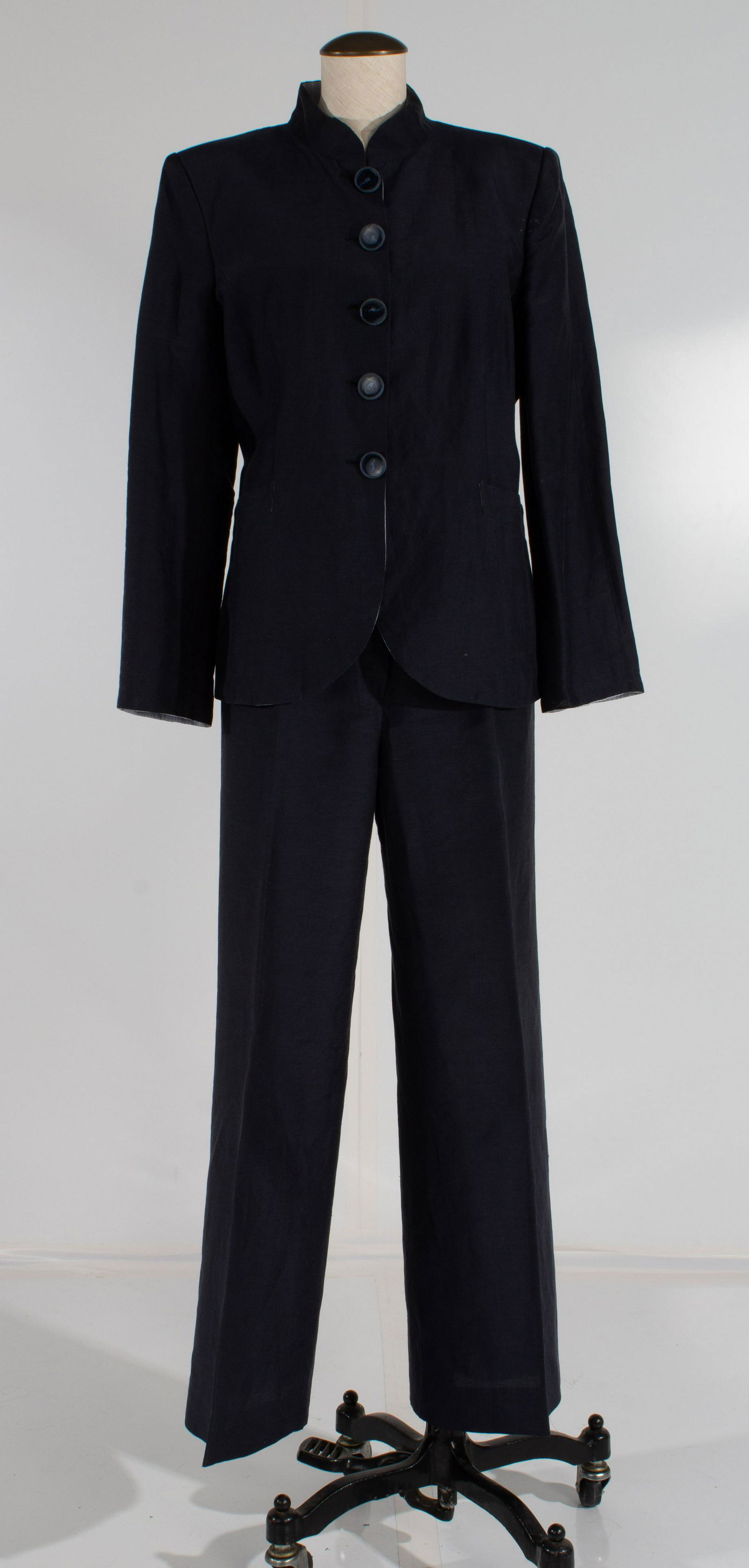 Giorgio Armani Black Label Linen/Silk Suit Mandarin Style Jacket Dark Blue Size 48, Wide Leg Pant: (1 of 20)