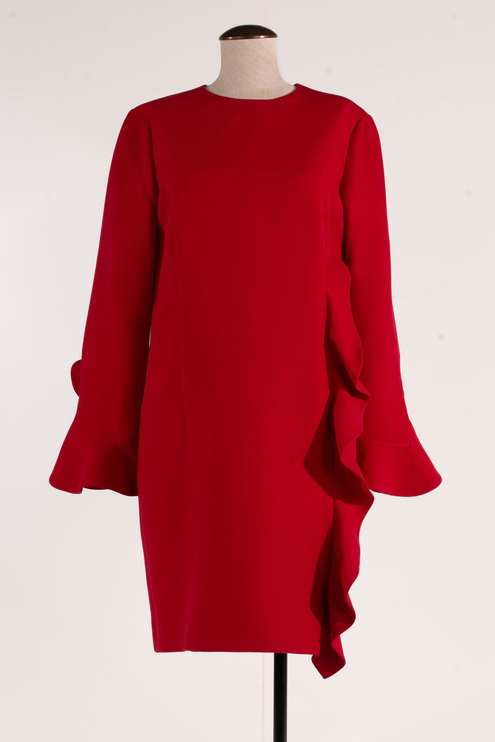 Valentino Jersey Ruffle Dress Red, Size 12: Valentino Jersey Ruffle Dress Red, Size 12, Front 36", Chest 15", Colllar to Cuff 28.5", Shoulder to Cuff 24", Back Top Collar to Bottom Hem 35", Pit to Pit 19.5", Pit to Cuff 16",