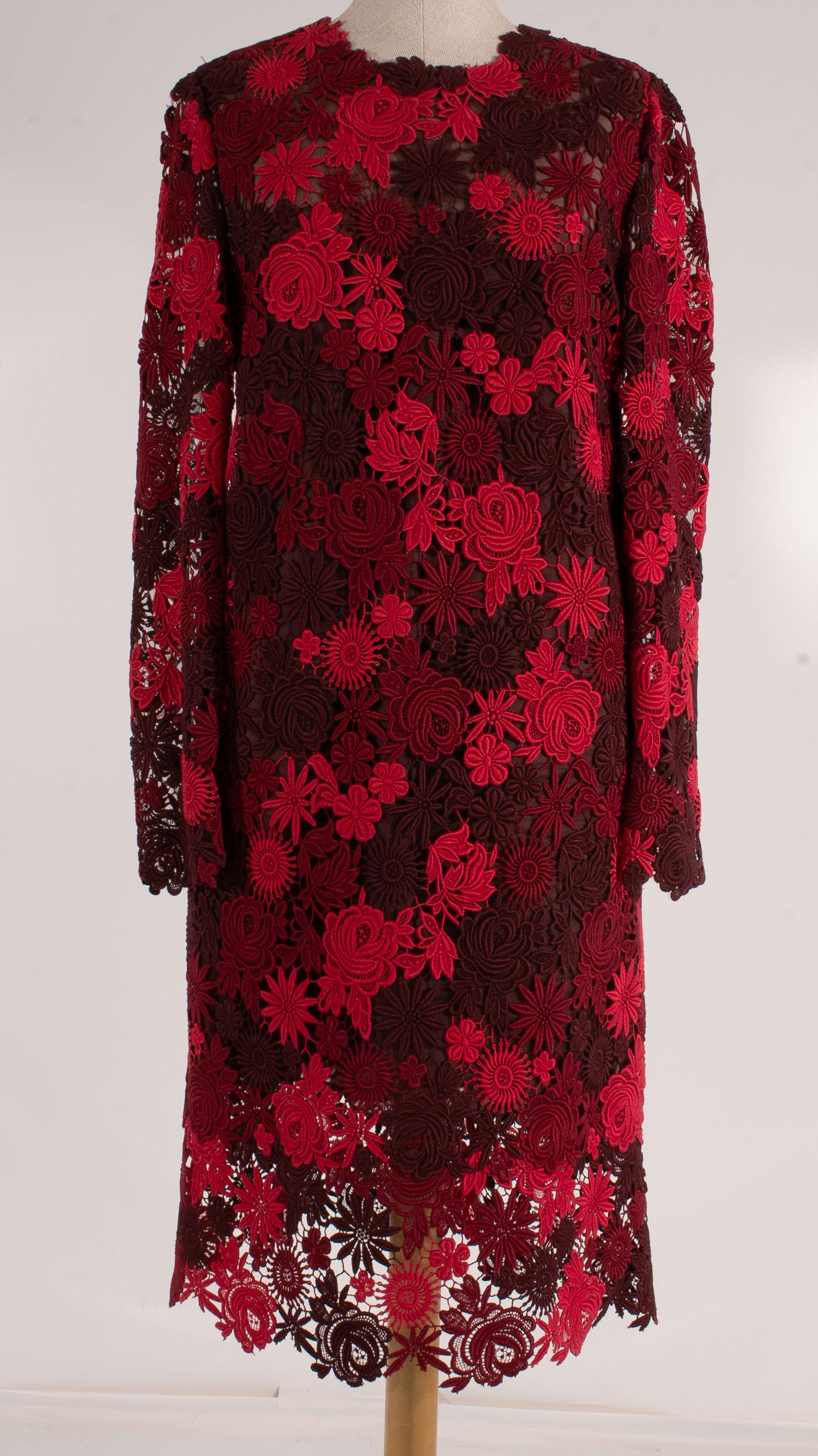 Valentino Floating Floral Lace Dress Red, Size 10: Valentino Floating Floral Crochet/Lace Dress Red, Size 10, Front 41", Chest 14.5", Collar to cuff 28", Shoulder to Cuff 24", Back Top Neck to Bottom Hem 40", Pit to Pit 19", Pit to Cuff 17", Shoulder 