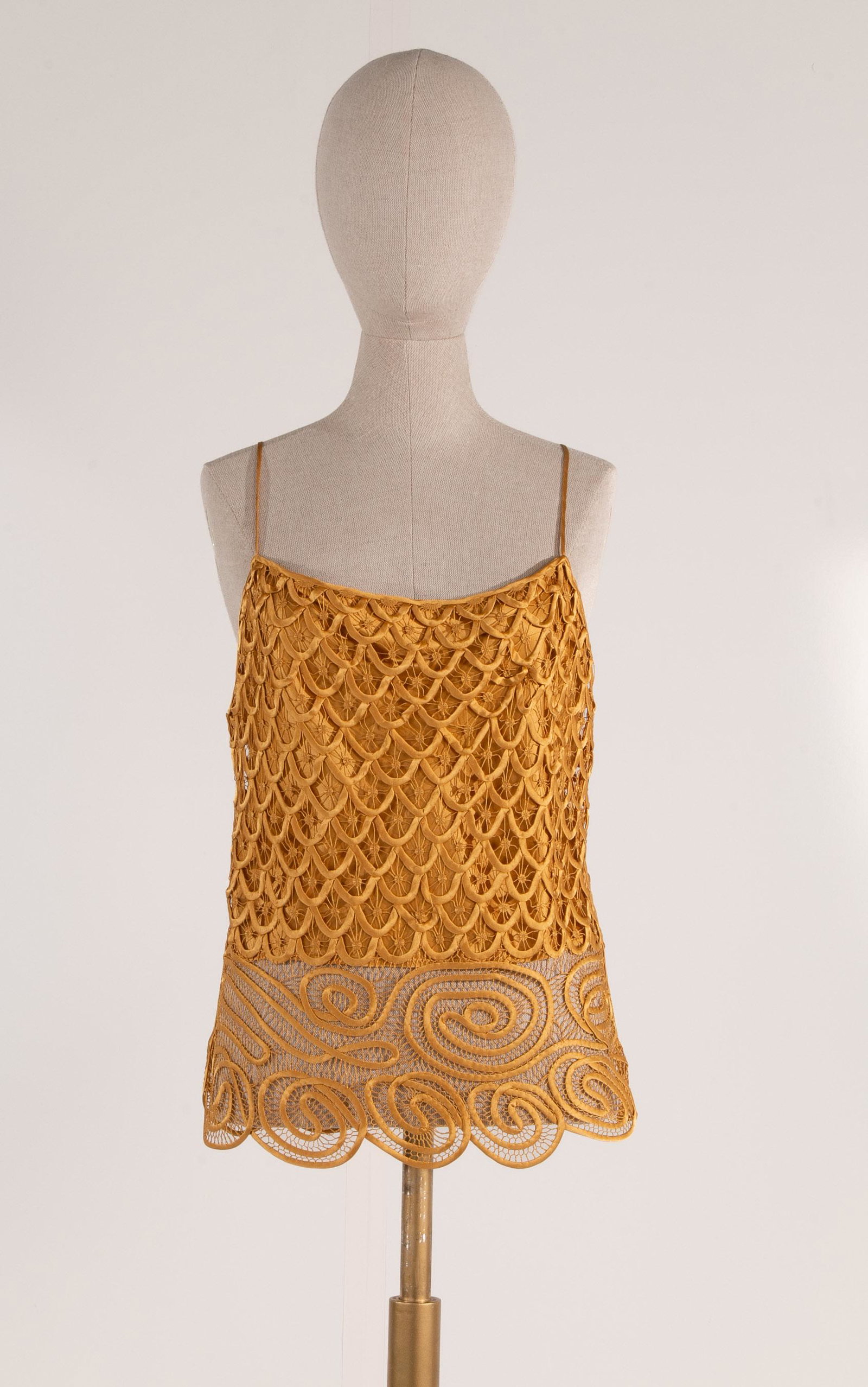 Jiangongbao Corded Top Gold, Size L: Jiangongbao Corded Tan Top Gold, Size L, Front 24", Chest 12", Stip to Bottom 24", Pit to Bottom 12", Back to Bottom 12", Piot to Pit 19", Chest to Bottom 27"