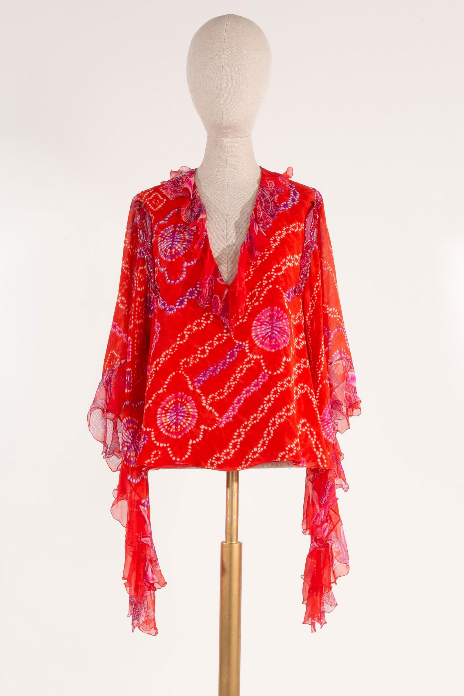 Emanuel Ungaro Jeans Silk Tie Dye Motif Beaded Top Red, Size 44 (1 of 17)