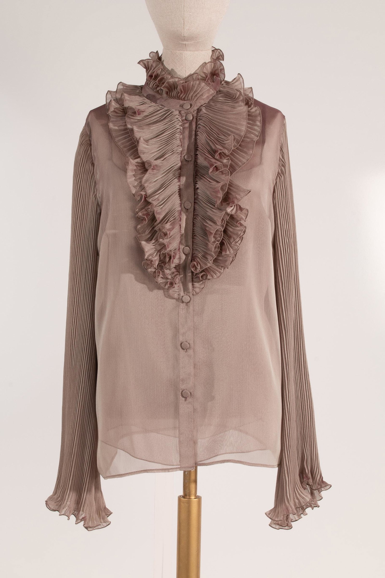 Luisa Beccaria Chiffon Ruffle Top w/Camisole Mauve, Size 46: Luisa Beccaria Chiffon Ruffle Top w/Camisole Mauve, Size 46, Front 27, Chest 16", Collar to Cuff 31", Shoulder to Cuff 26", Shoulder to Shoulder 16", Pit to Pit 20", Pit to Cuff 22"
