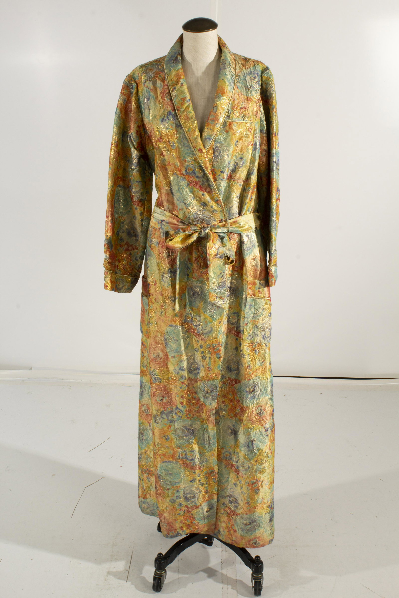 Neiman Marcus Wrinkled Robe Floral Golden w/NM Slip Dress Size S: Neiman Marcus Wrinkled Robe Floral Golden w/NM Slip Dress, Size S, (Damage on Left Arm Pit Lining, Missing Button) Front 56", Chest 16", Collar to Cuff 27", Shoulder to Cuff 22", Pit to Pit 22", Shoul