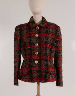 Travilla Tweed Boucle Jacket Red Multi (no size): (SM Hole Front Right Arm, Chest) Travilla Tweed Boucle Jacket Red Multi Plaid, 5 Gold Jewelry Buttons/Closeurs Front:23", Chest: 15", Collar Cuff 27", Shoulder-Cuff 22", Backof-Neck-Bttm:24.5", Should