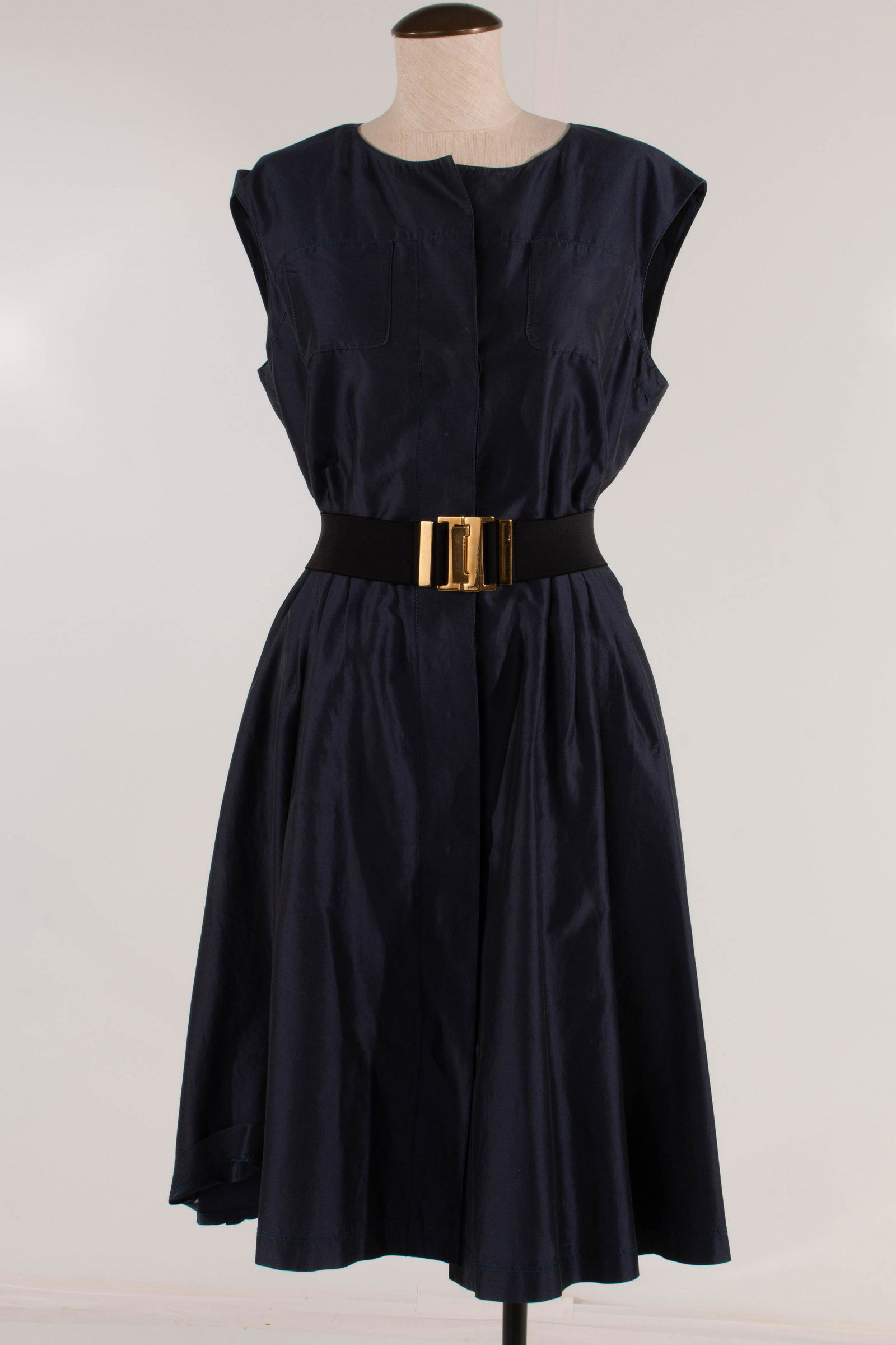 Oscar De La Renta Cotton/Silk Dress Size 12 NAVY with Gucci Belt BLACK (1 of 7)