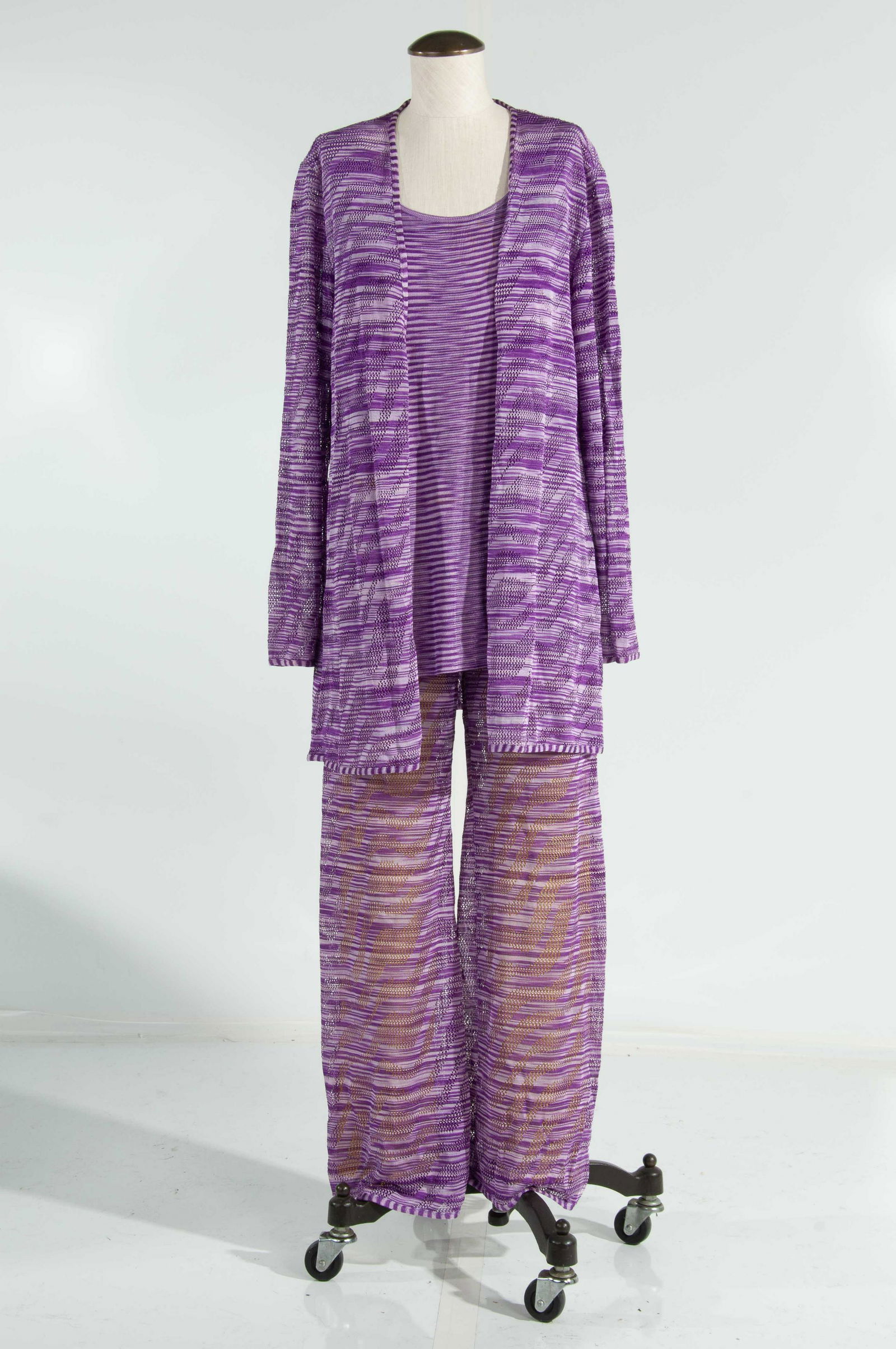 Missoni 3 pc Knit Suit Stiped Purple: (Size Not Shown) Missoni 3 pc Knit Suit Stiped Purple (Multiple Stains, Possibly FoodBack Cardigan Bttom, and back of camisole) (Cardigan) Front:33; Collar-Cuff:31; Shoulder-cuff:25; Back Neck-Bttm:32