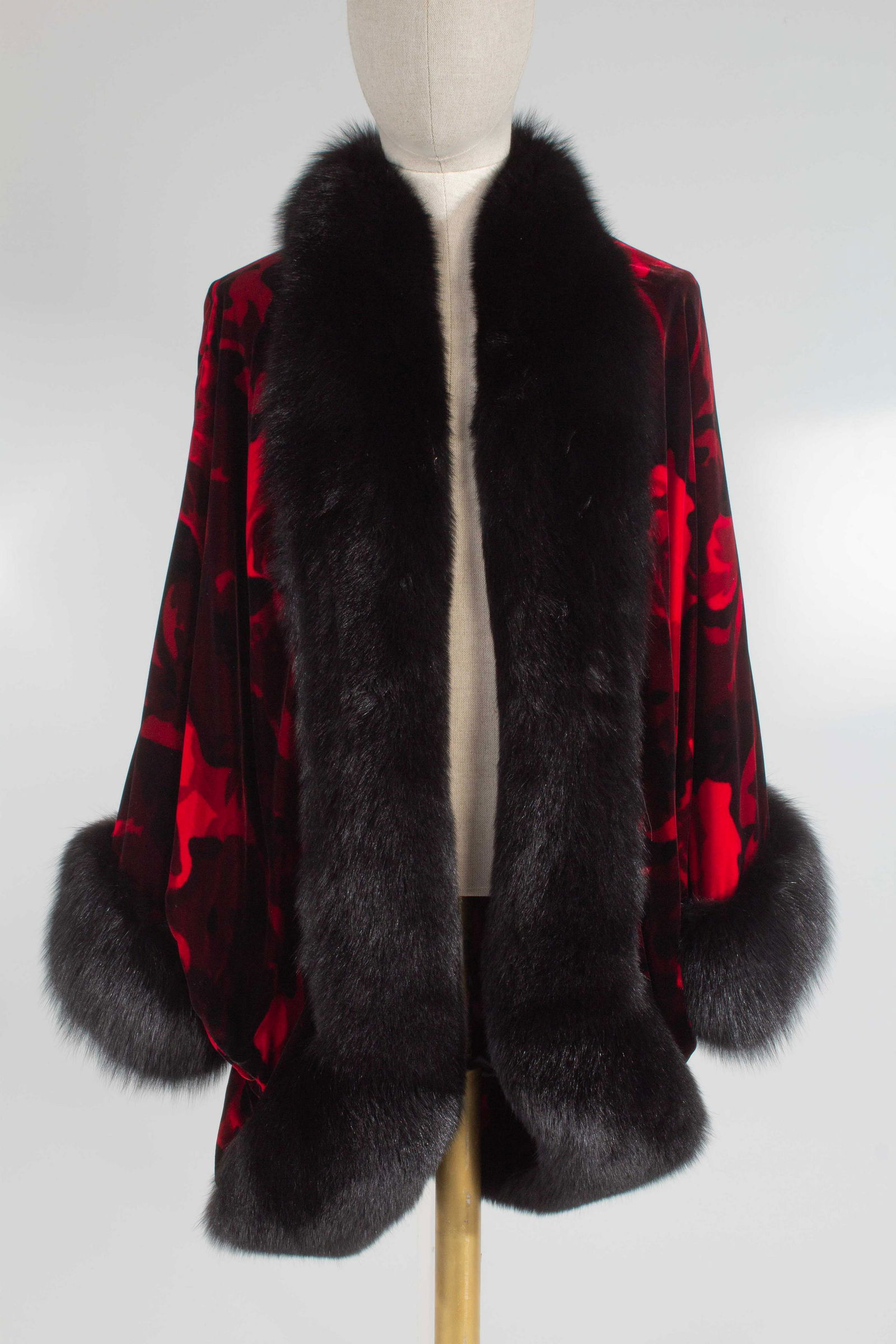 Adrienne Landel Red Rose Silk Blend Velvet 20"s Style Coat w/ Norwegian Fox Trim (1 of 14)