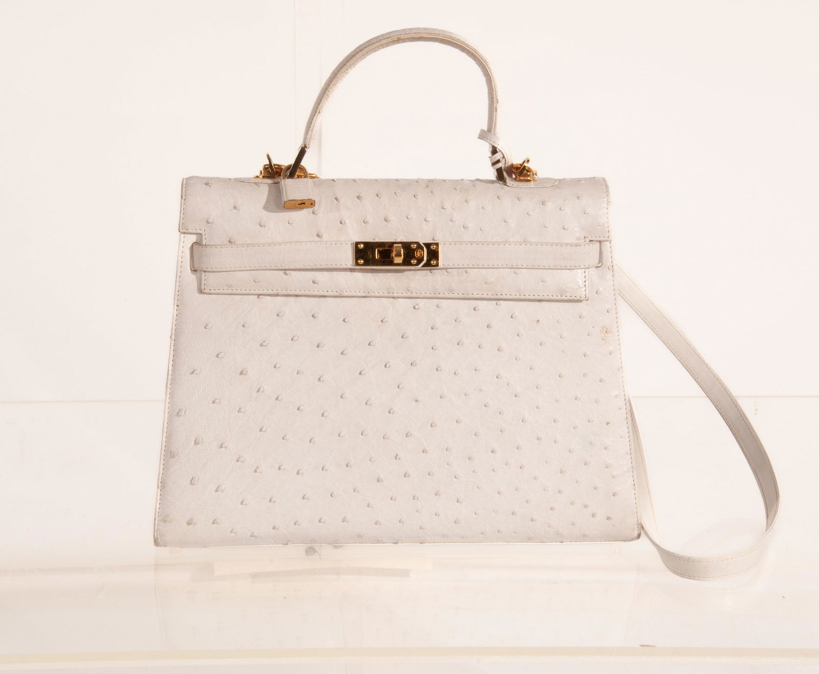 Lorenzi Ostrich White Leather Kelly Bag w/ Strap, Gold Hardware (1 of 17)