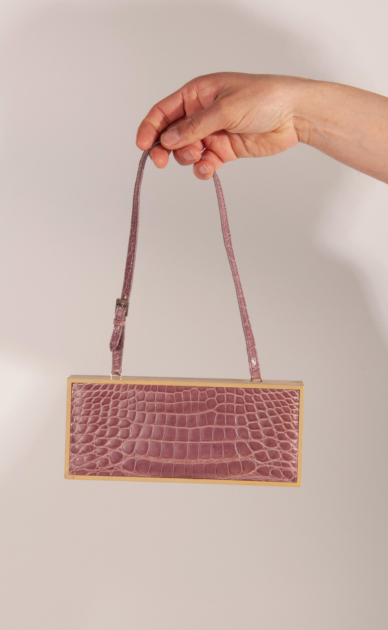 Suarez Alligator Evening Bag Purple: Suarez Alligator Wood Framed, Leather Gussets on each Side Evening Clutch/Bag Purple, STRAP that can go in bag, Authenticated Hologram Sticker inside; Strap-Bag Base:12.5; Body Base:4x8.5x2