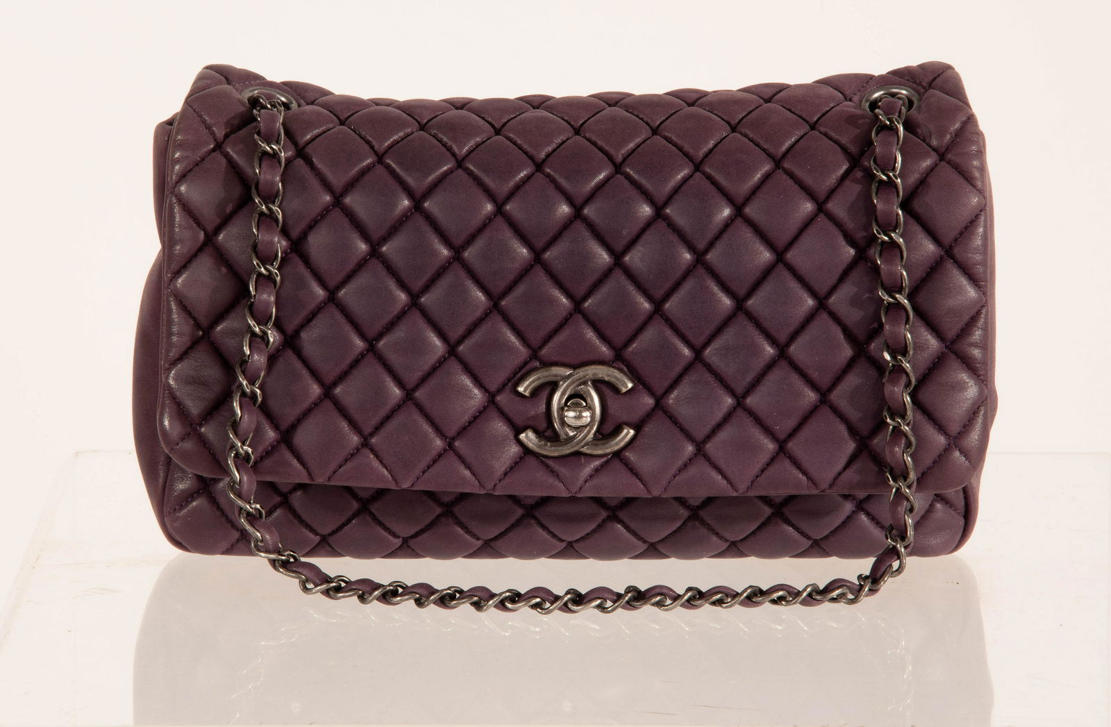 Chanel Quilted Lamb Skin Modern Classic Pewter Chain Plum: Chanel Quilted Lamb Skin Modern Classic Pewter Chain Plum; Dbl Chain:17, Single Chain:24;Body:7x11x3