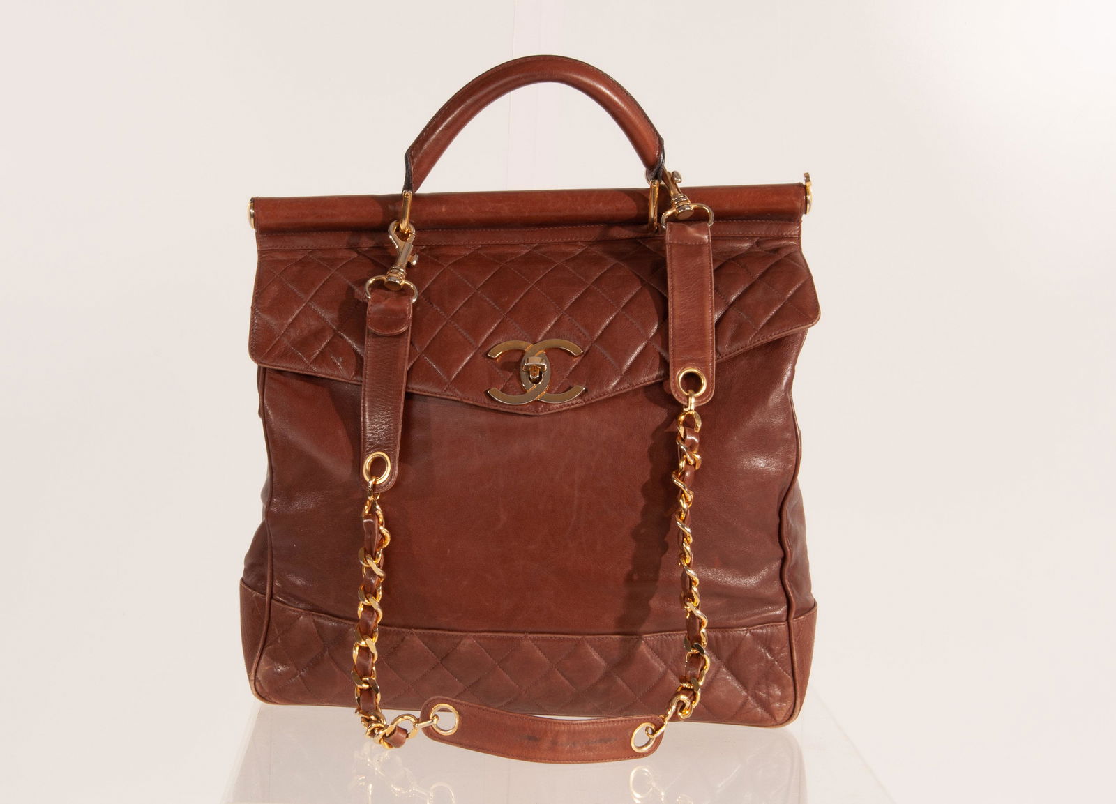 Chanel Leather Handbag w/ Shoulder Strap Chain Brown Gold Hardware (1 of 16)