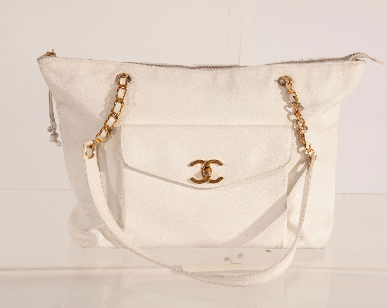 Vintage Chanel Caviar Leather Tote Bag Double Gold Chain C Logo White (circa 1994 - 1996) (1 of 15)