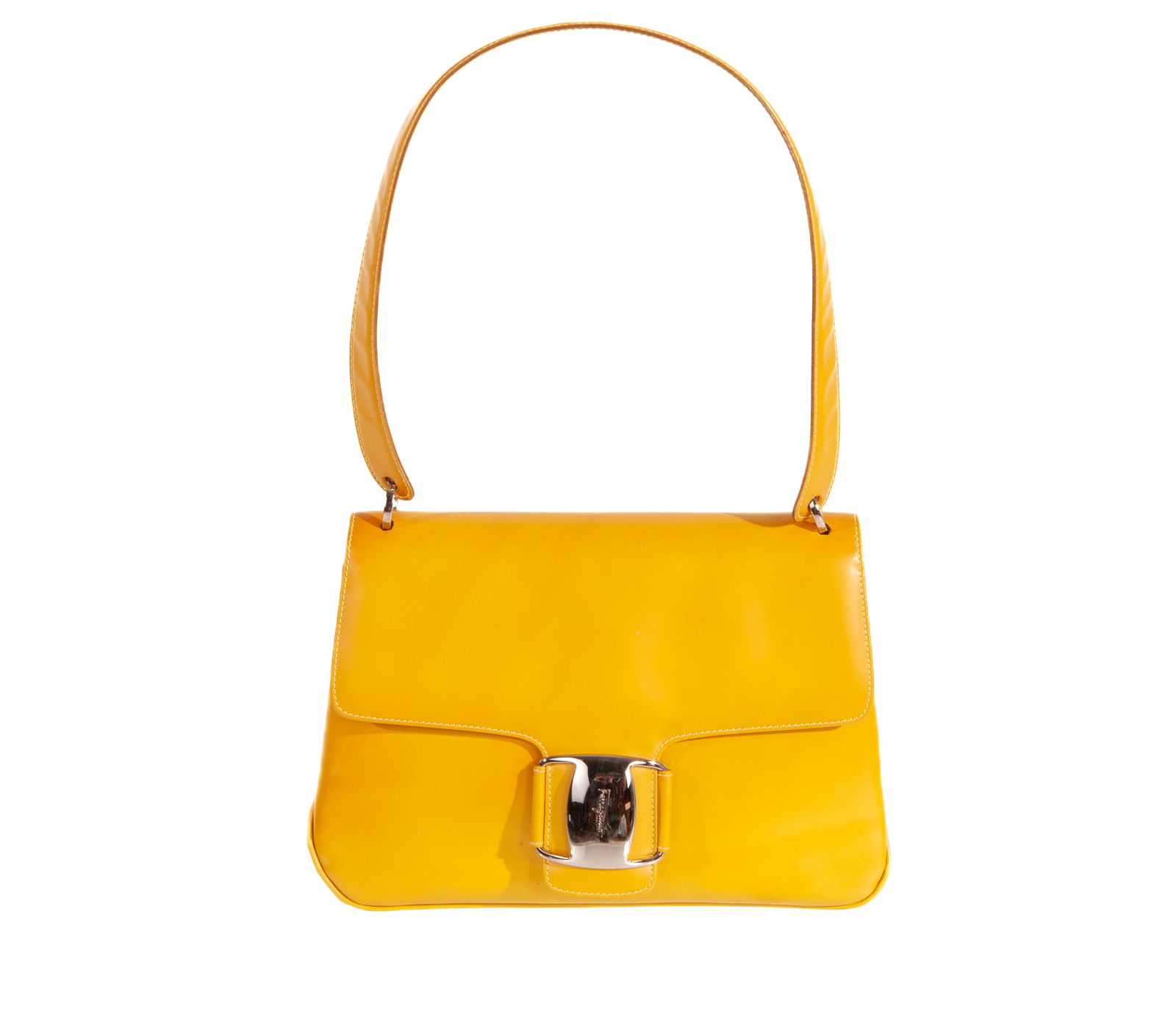 Vintage Ferragamo Boxed Calf Leather Shoulder Bag YELLOW (circa 1995-1996): Ferragamo Mustard Yellow; Zipper Compartment Inside; Boxed Calf Leather Shoulder Bag Top of Strap-Bttm:17";Body Base:8