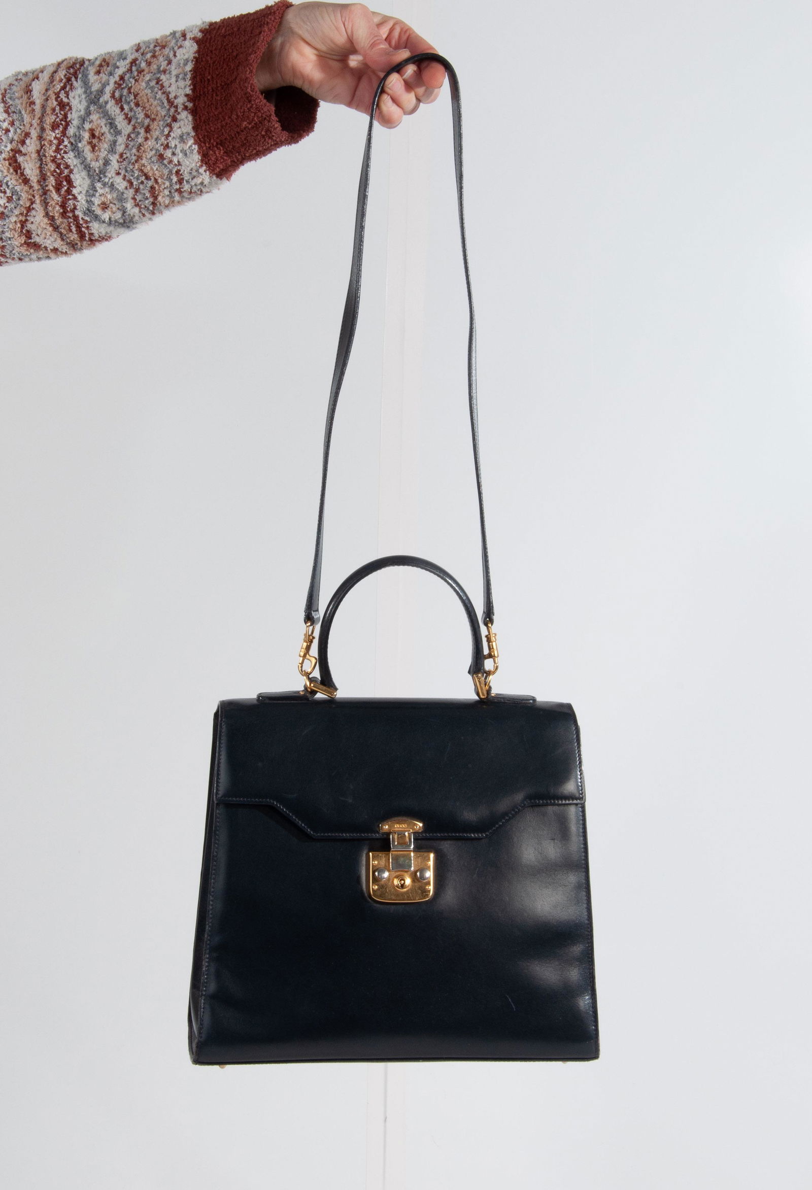 Vintage Gucci Leather Kelly Handbag w/ Leather Strap Black (1 of 16)