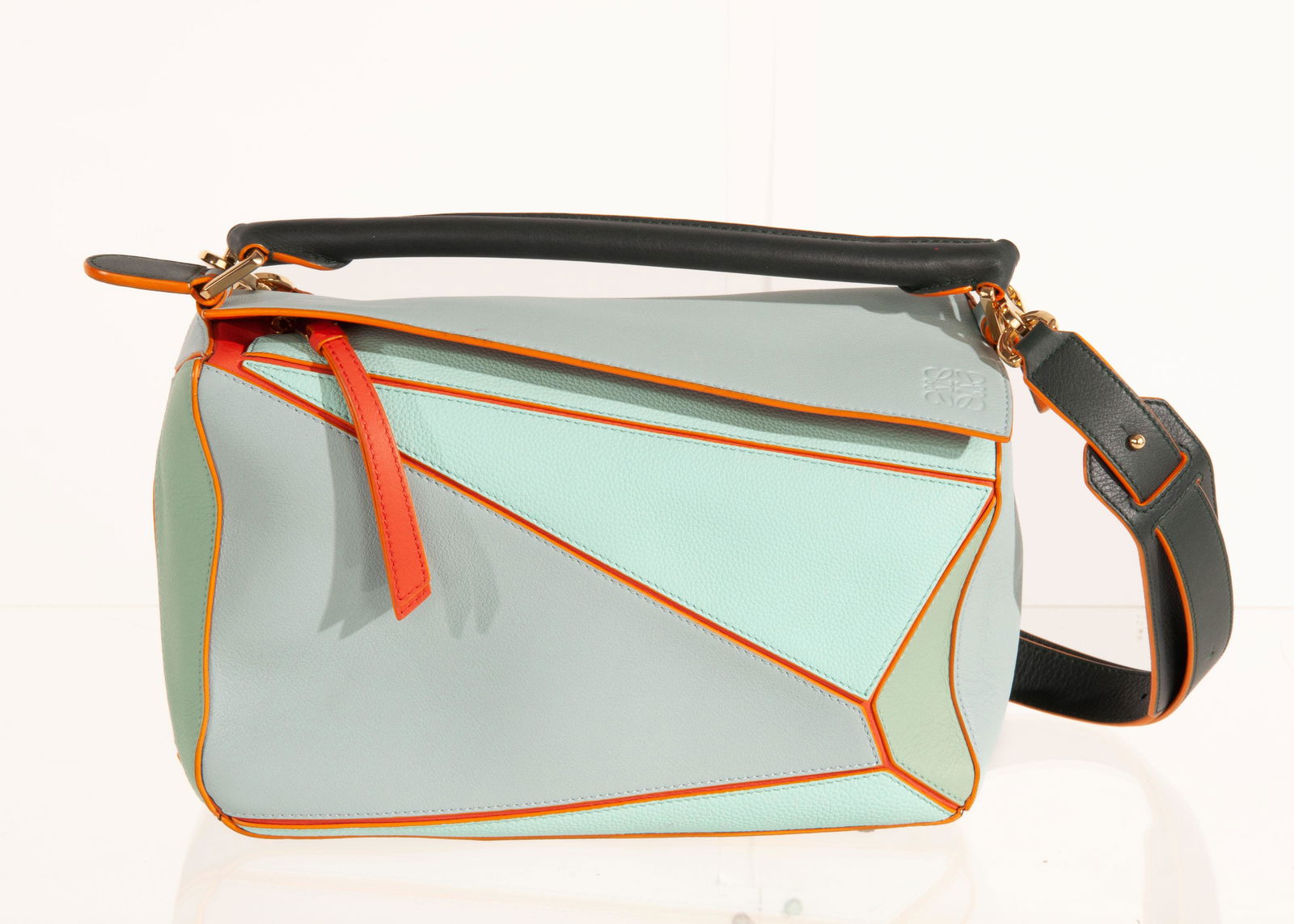 Loewe Puzzle Bag AQUA BLUE: Loewe Textured Leather Handle Bag w/ Strap Putty Blue, Orange Trim and Gold Hardware