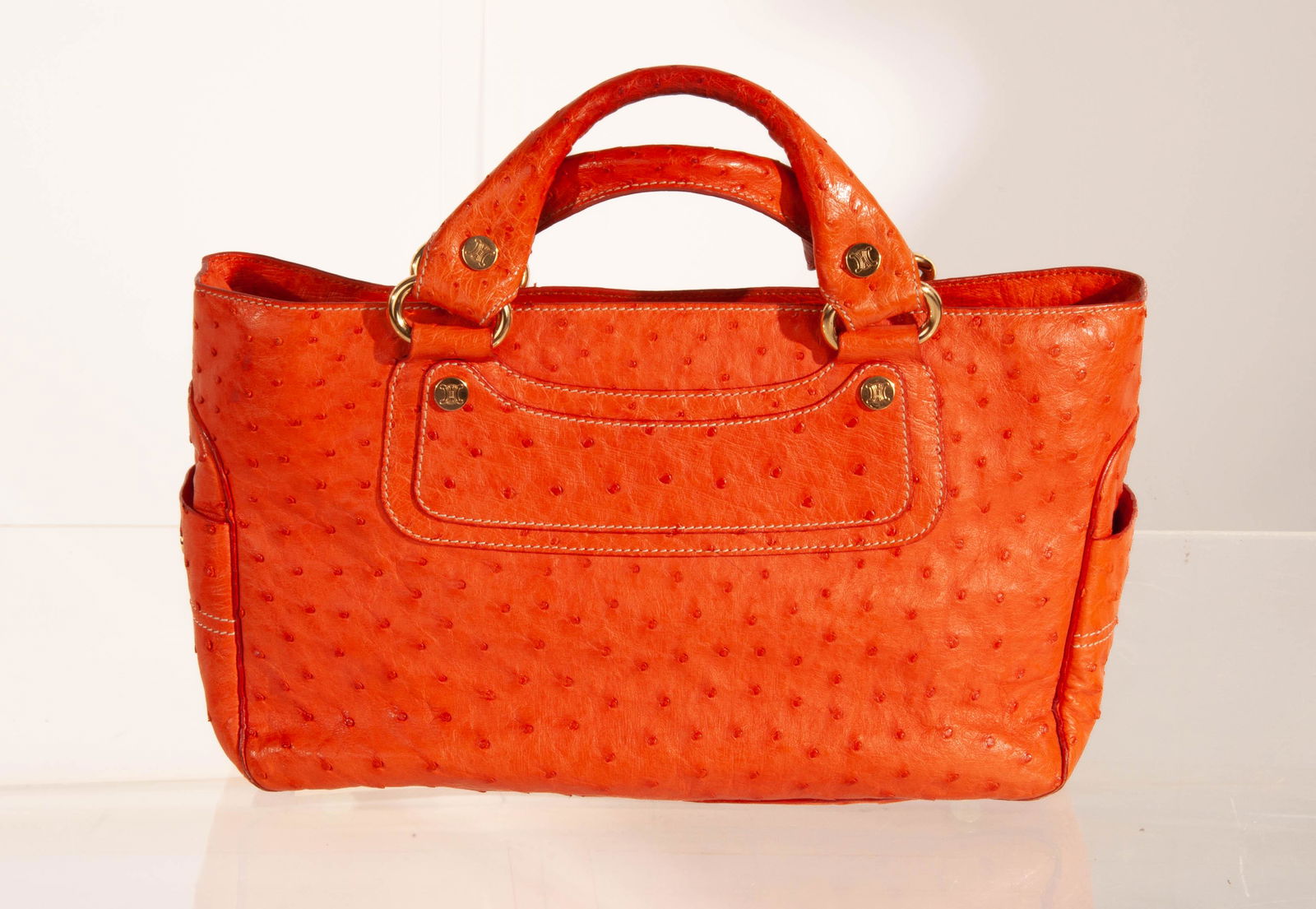 Celine Ostrich Leather Handle Tote Orange: Celine Ostrich Leather Handle Tote Orange Suede/Leather Lining Handle-Bttm:11.5;Handle to Top Base:4; Body Base:8x15