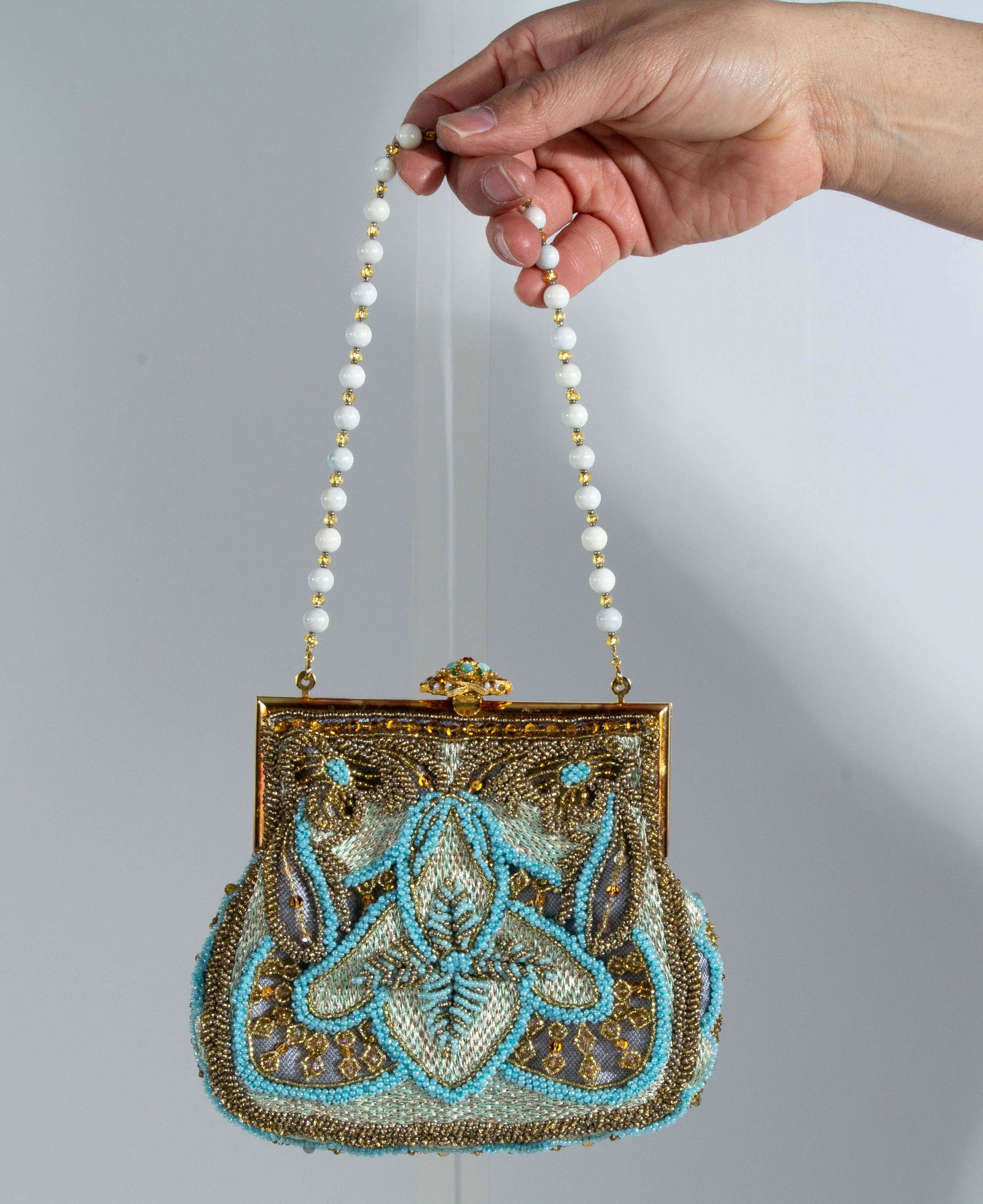 Larissa Barrera Beaded Evening Bag Pearl Chain w/Brooch Closure (1 of 10)